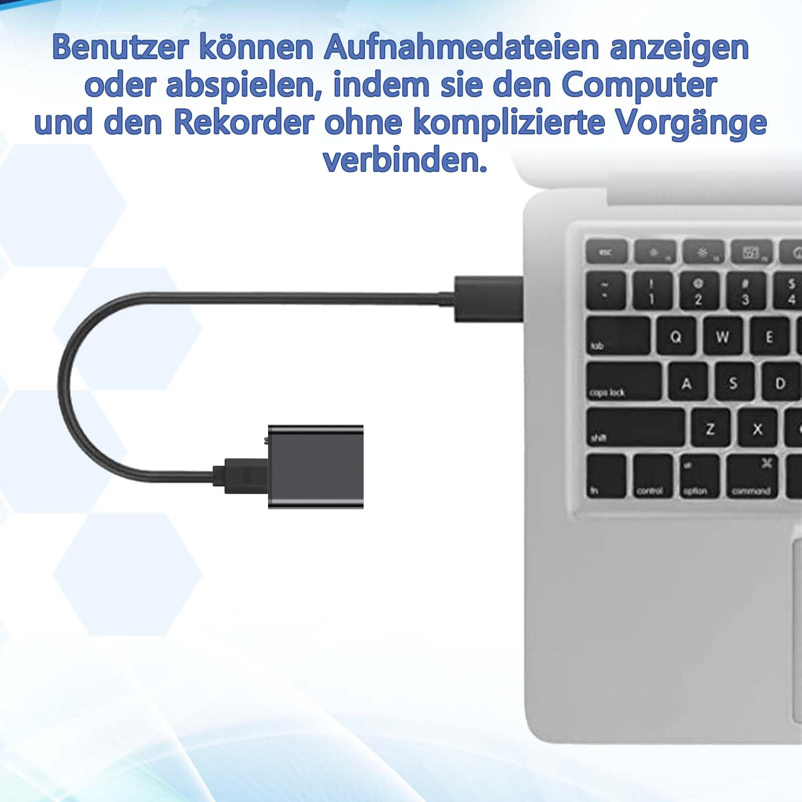Ein Laptop, der über ein schwarzes Kabel mit einem schwarzen Gerät verbunden ist. Text auf Deutsch.