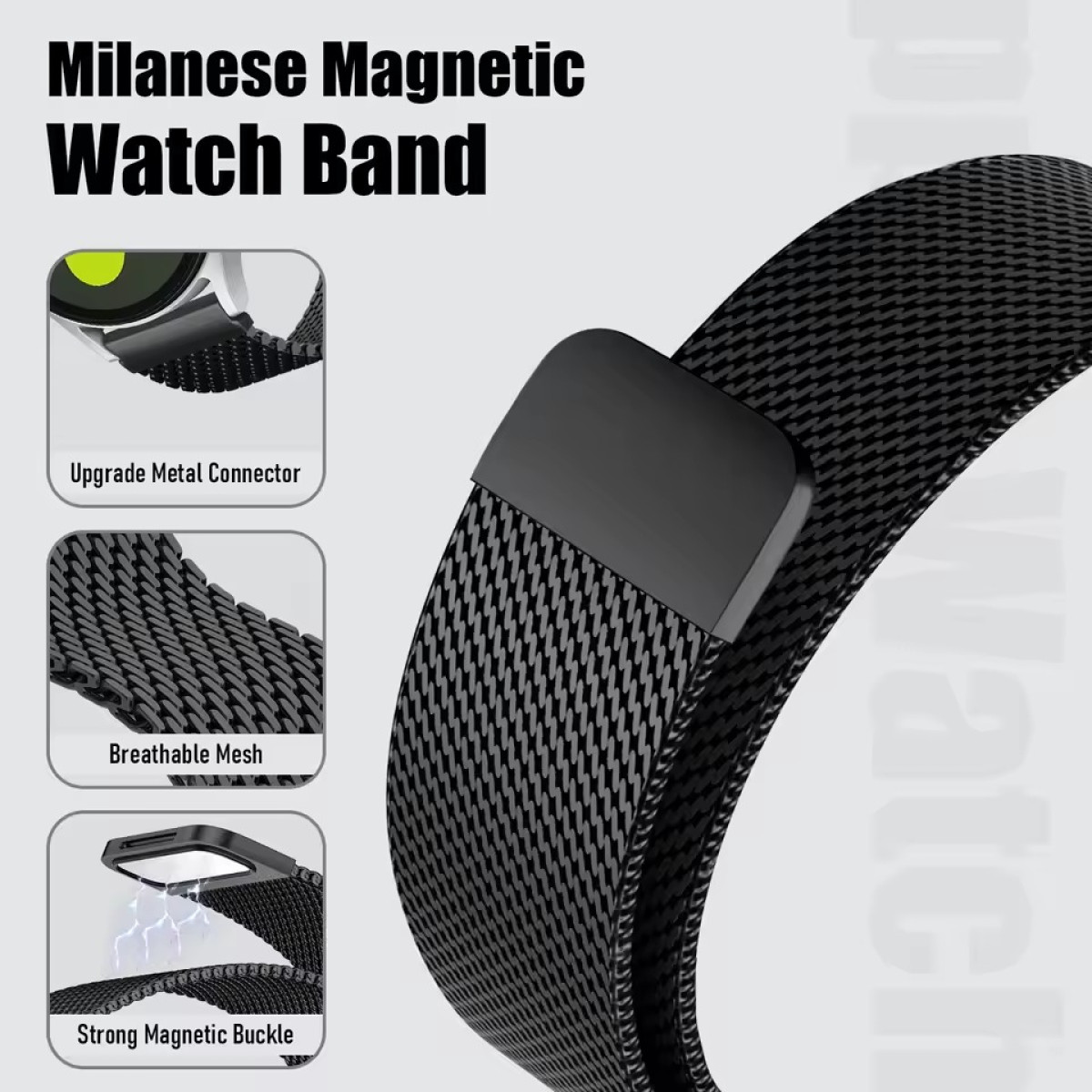 Un cinturino nero con chiusura magnetica. Il cinturino ha un design a rete e connettori in metallo.
