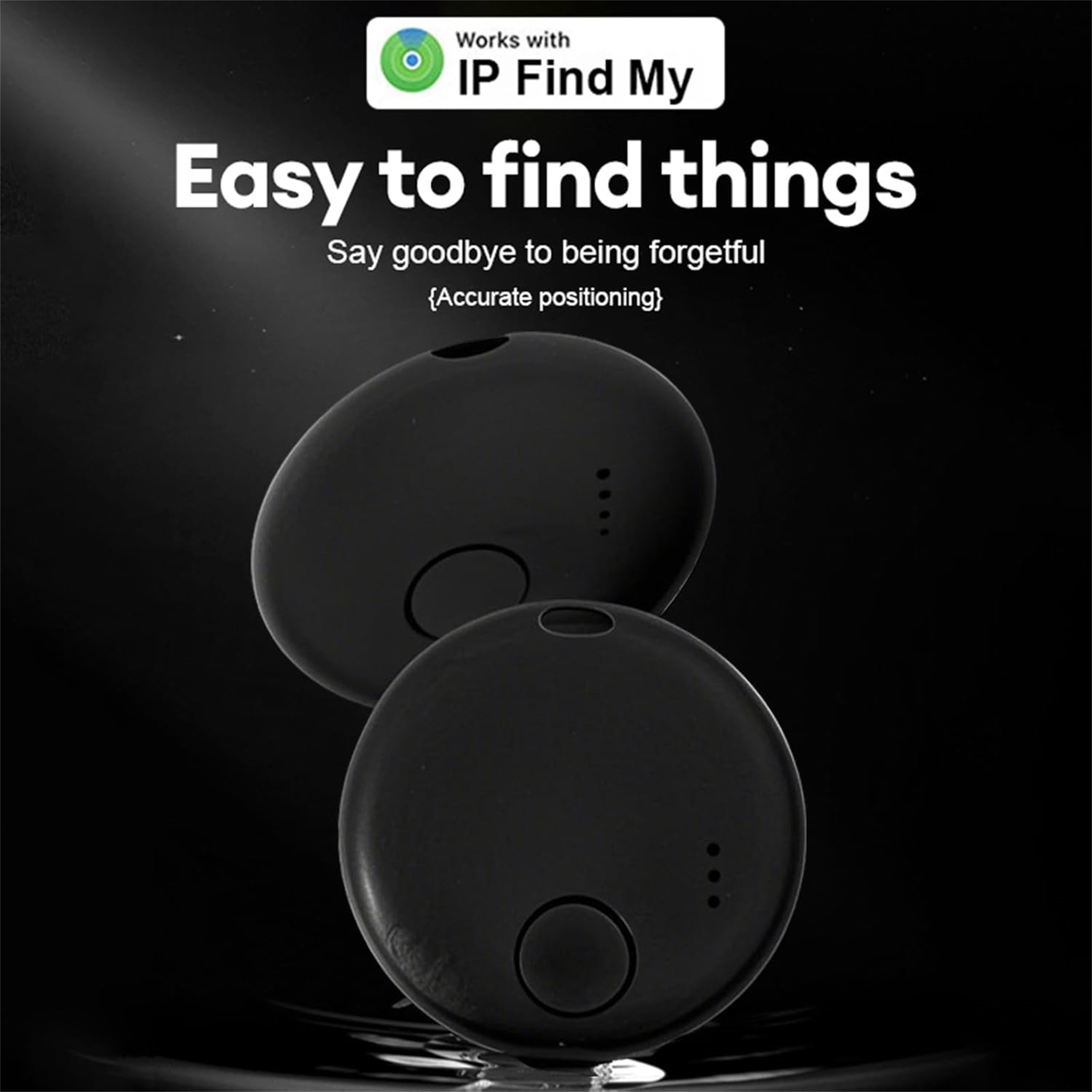 Zwei schwarze Ortungsgeräte. Text: 'Leicht zu findende Dinge' und 'IP Find My'.