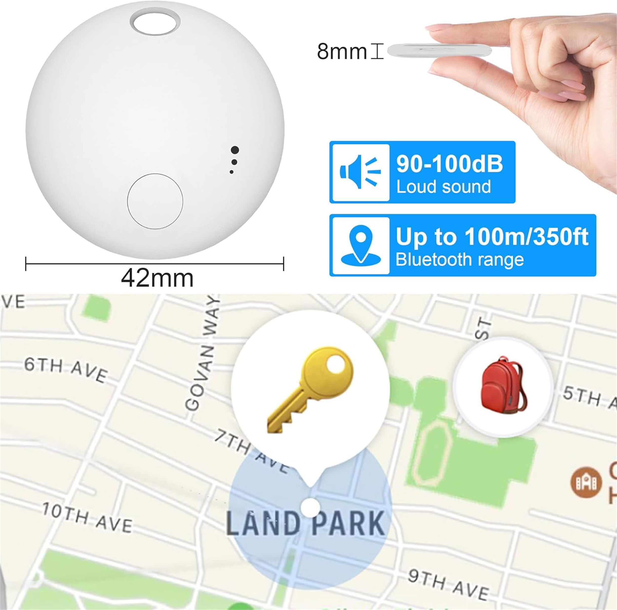 Weißer runder Tracker mit Schlüssel und Karte auf einer Stadtstraße. Info: lauter Ton und Reichweite.
