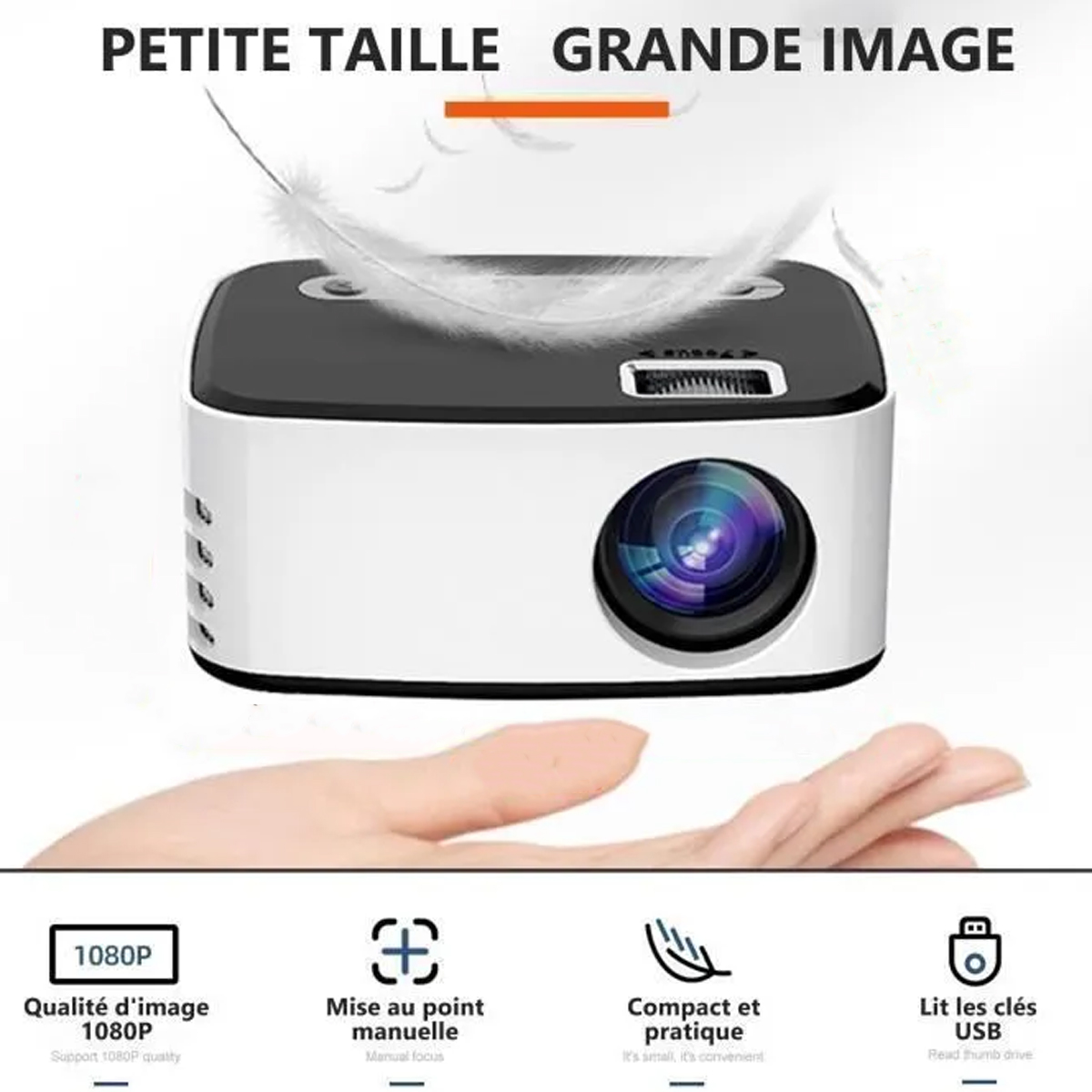 Ein weißer Projektor mit schwarzem Oberteil, 1080p Qualität, manueller Fokus, kompakt und USB-Laufwerk.