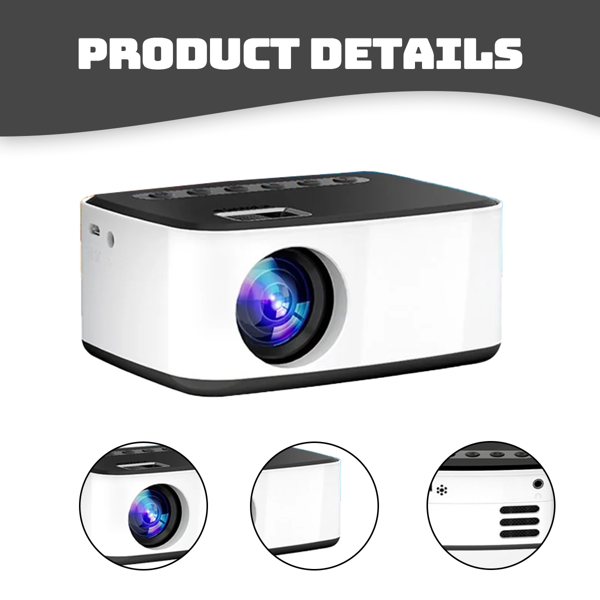 Weißer und schwarzer Projektor mit Linse und Knöpfen oben, Produktdetails.