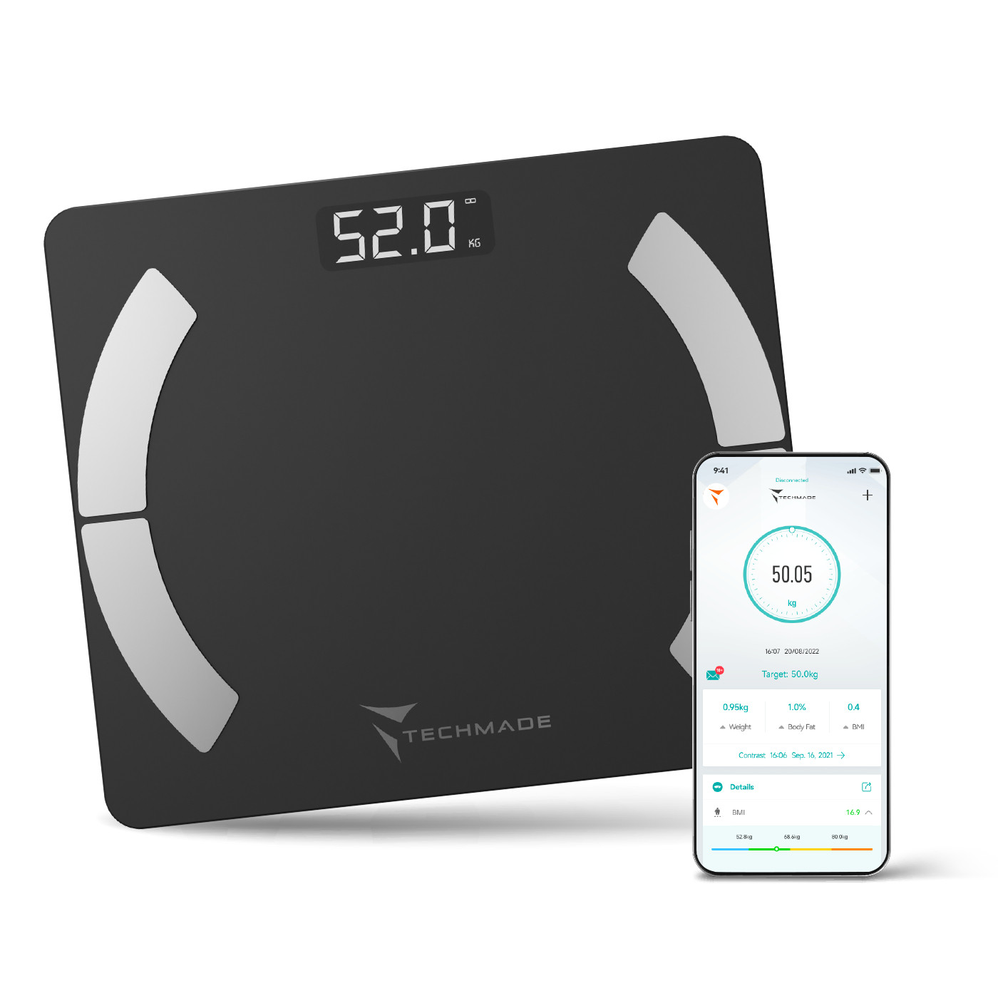 Una bilancia digitale nera con un display che mostra 52,0 kg e uno smartphone con dettagli del peso.