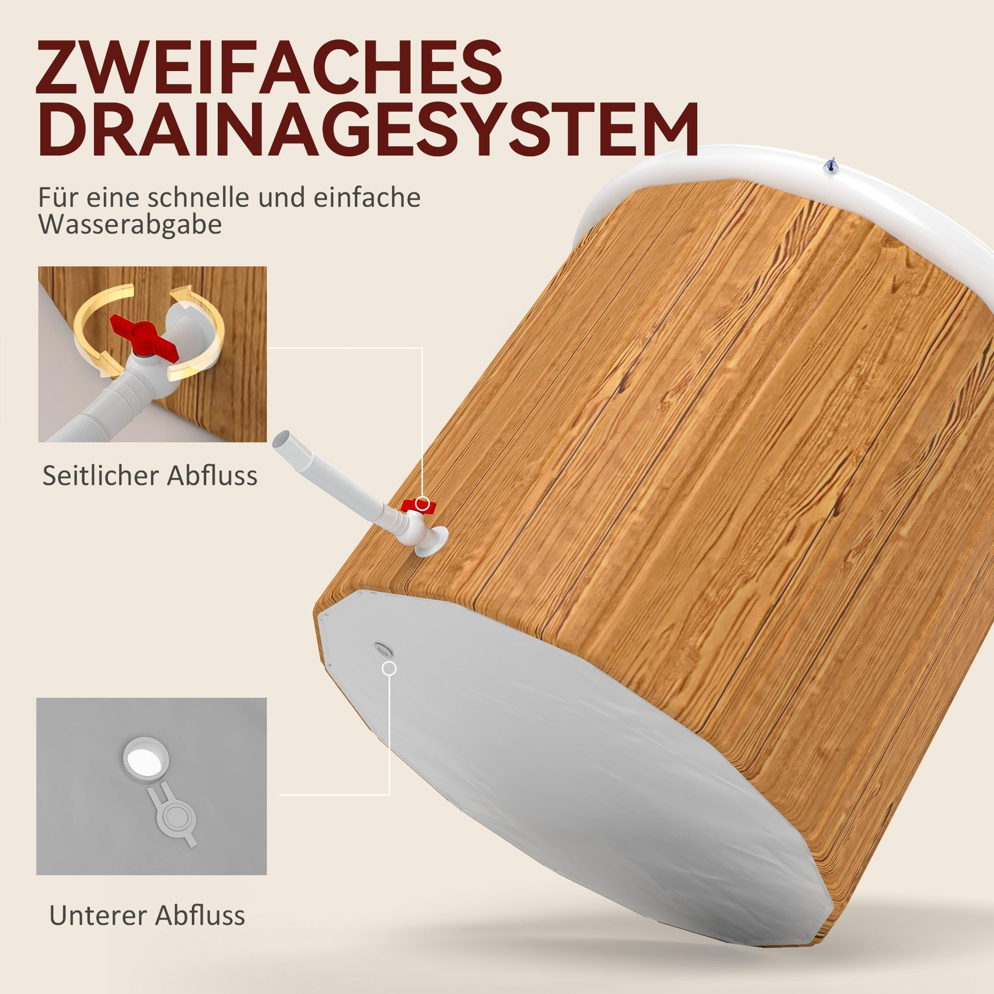 Eine Eisbadewanne, die das doppelte Entwässerungssystem eines seitlichen und eines unteren Auslasses zeigt.
