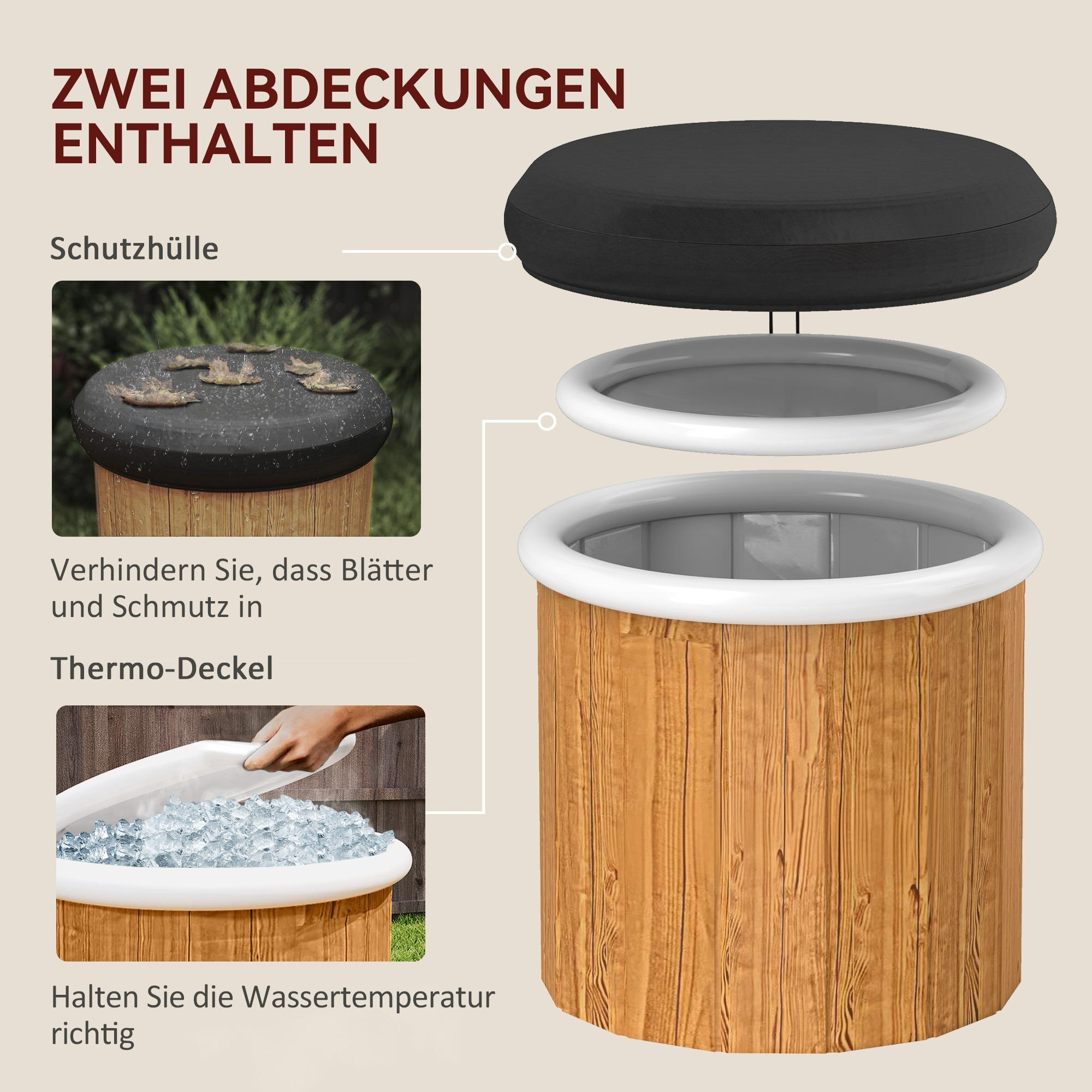 Eine Eisbadewanne mit Deckel und Abdeckung, die zeigt, wie die Wassertemperatur richtig gehalten wird.