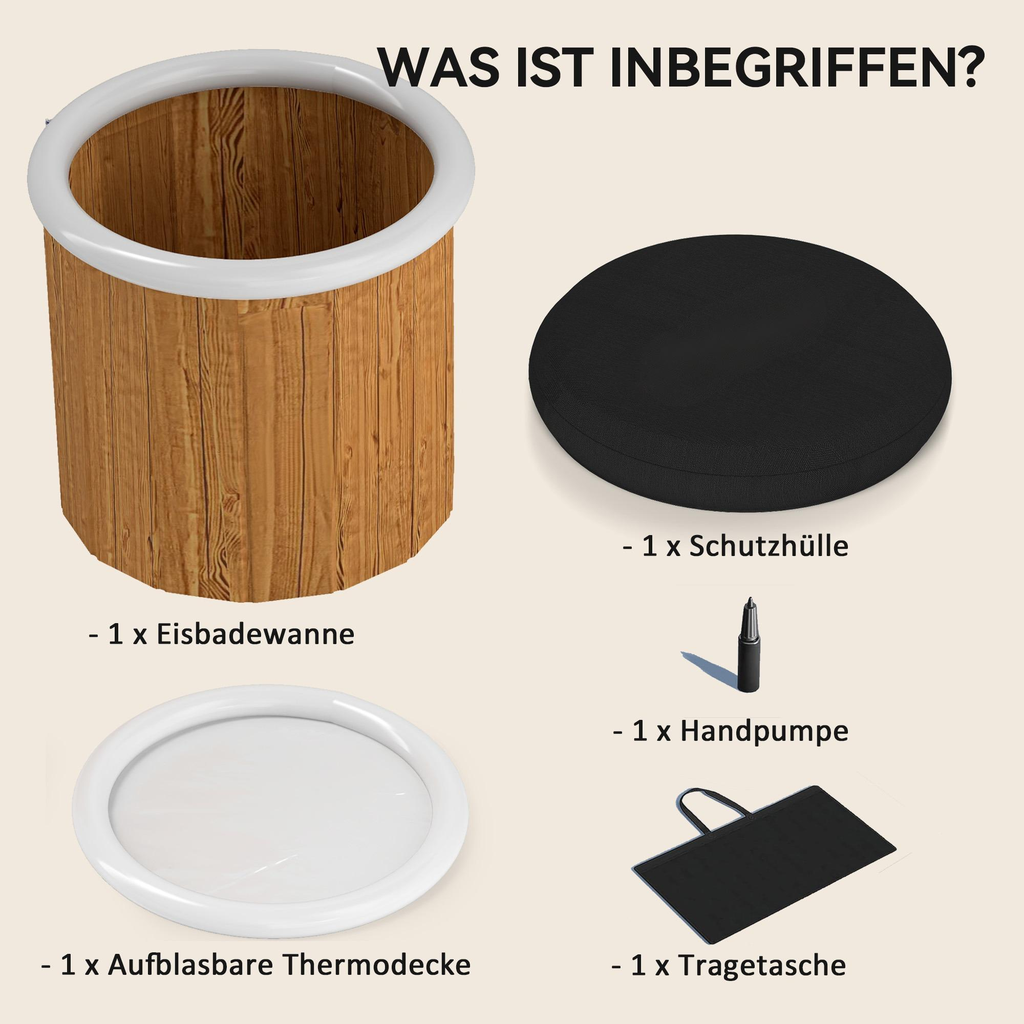 Eine Eisbadewanne mit Zubehör, darunter eine Abdeckung, ein Kissen, eine Handpumpe und eine Tragetasche.