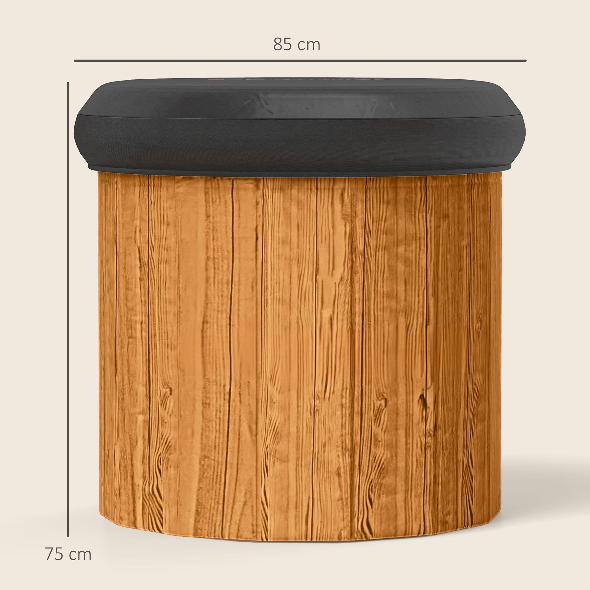 Holzfass mit schwarzem Deckel. Maße: 85 cm Breite, 75 cm Höhe.