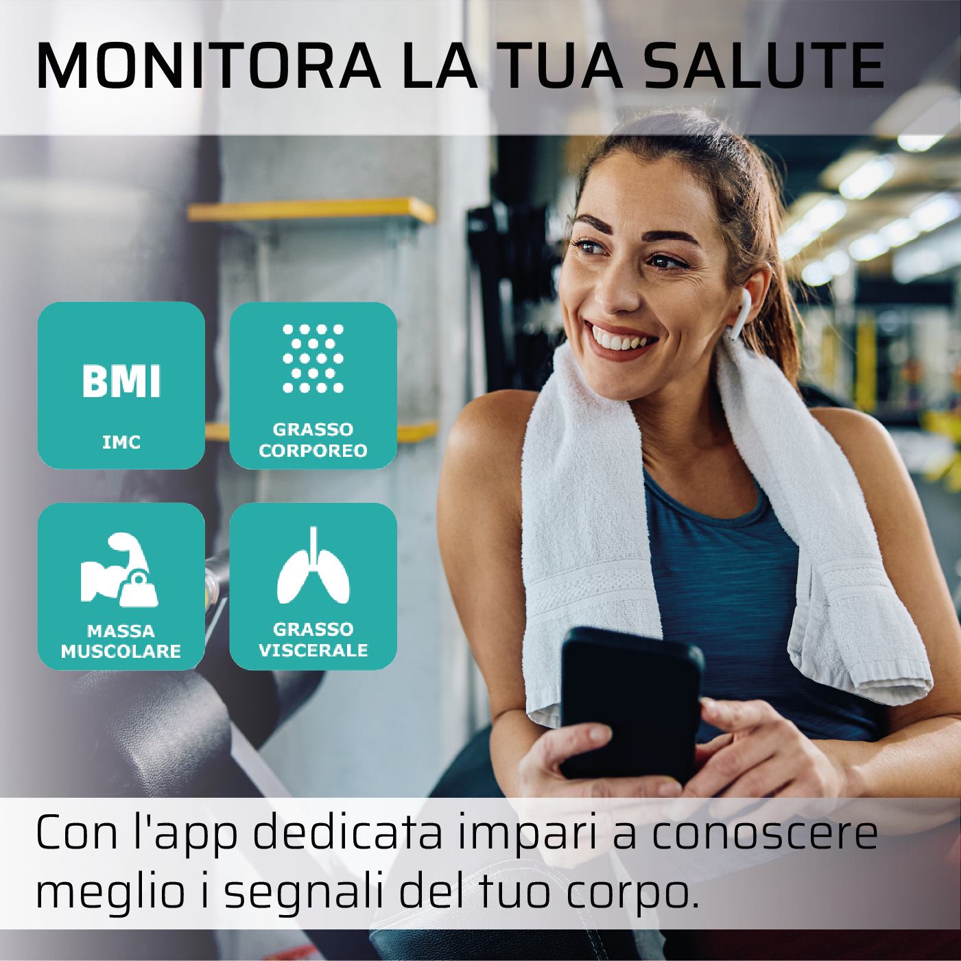 Donna in palestra, con telefono. Icone app salute. Testo sopra e sotto.