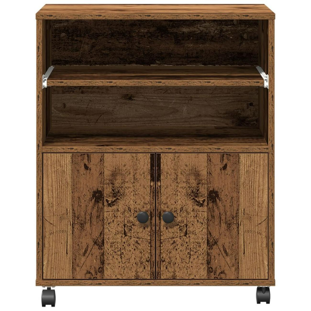 Holzschrank mit Türen, Regalen und Rollen.
