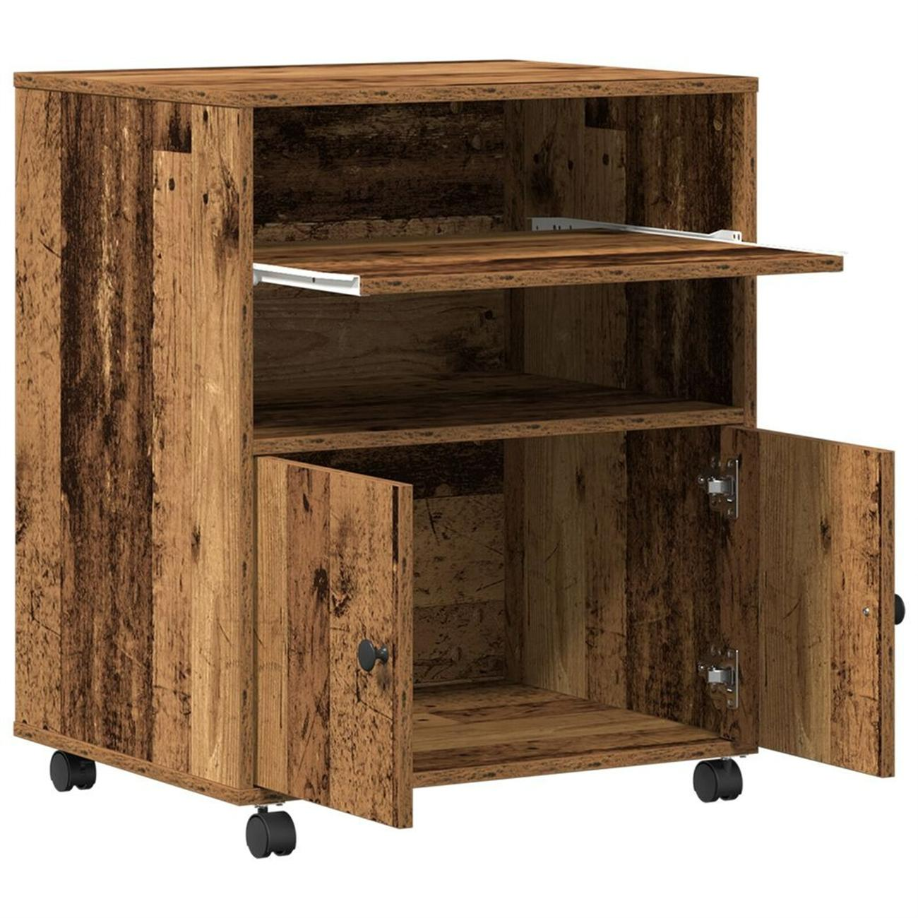 Brauner Holzschrank mit offenen Türen, einem Regal und schwarzen Rädern. Das Innere ist sichtbar.