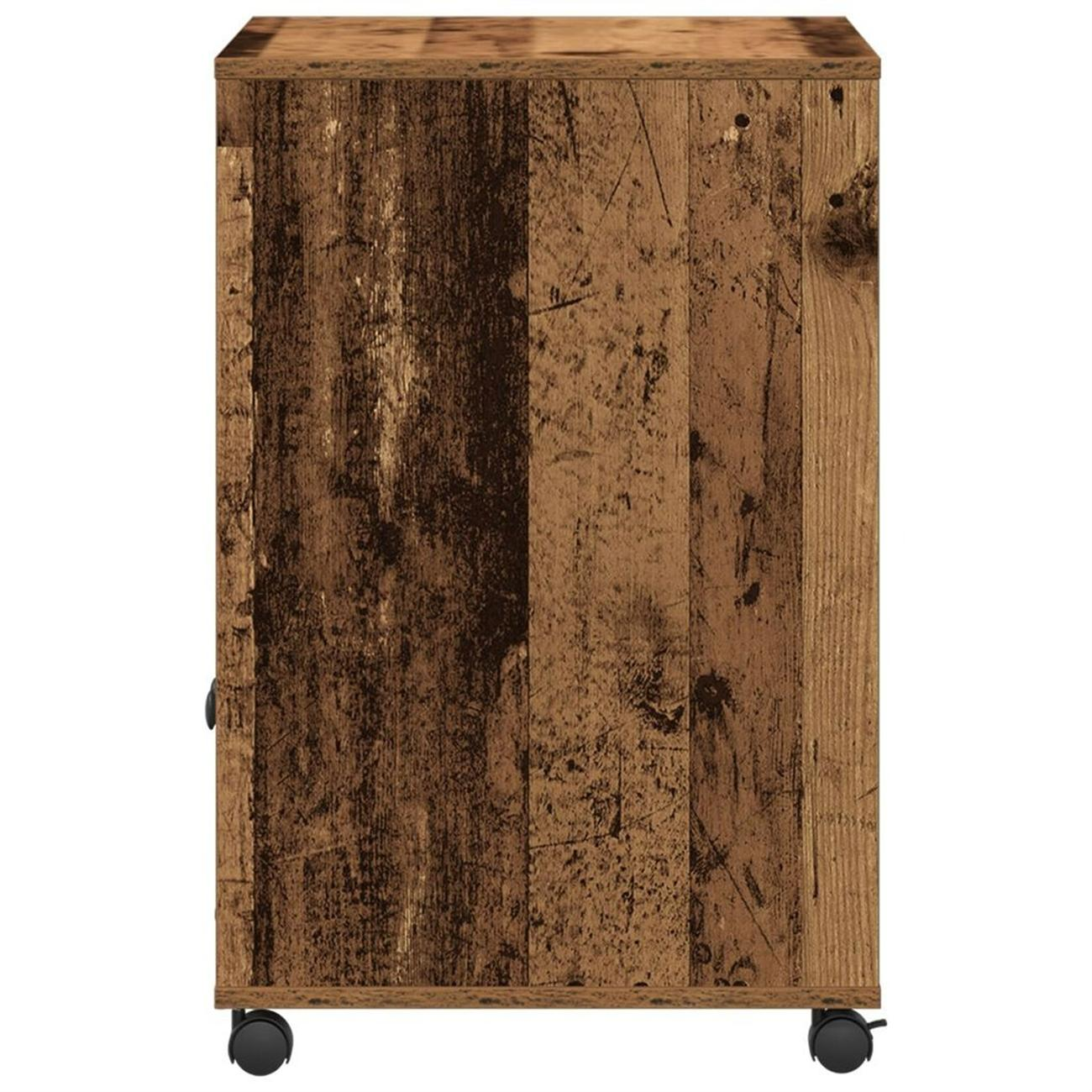 Holzschrank auf Rädern mit brauner Holzmaserung.