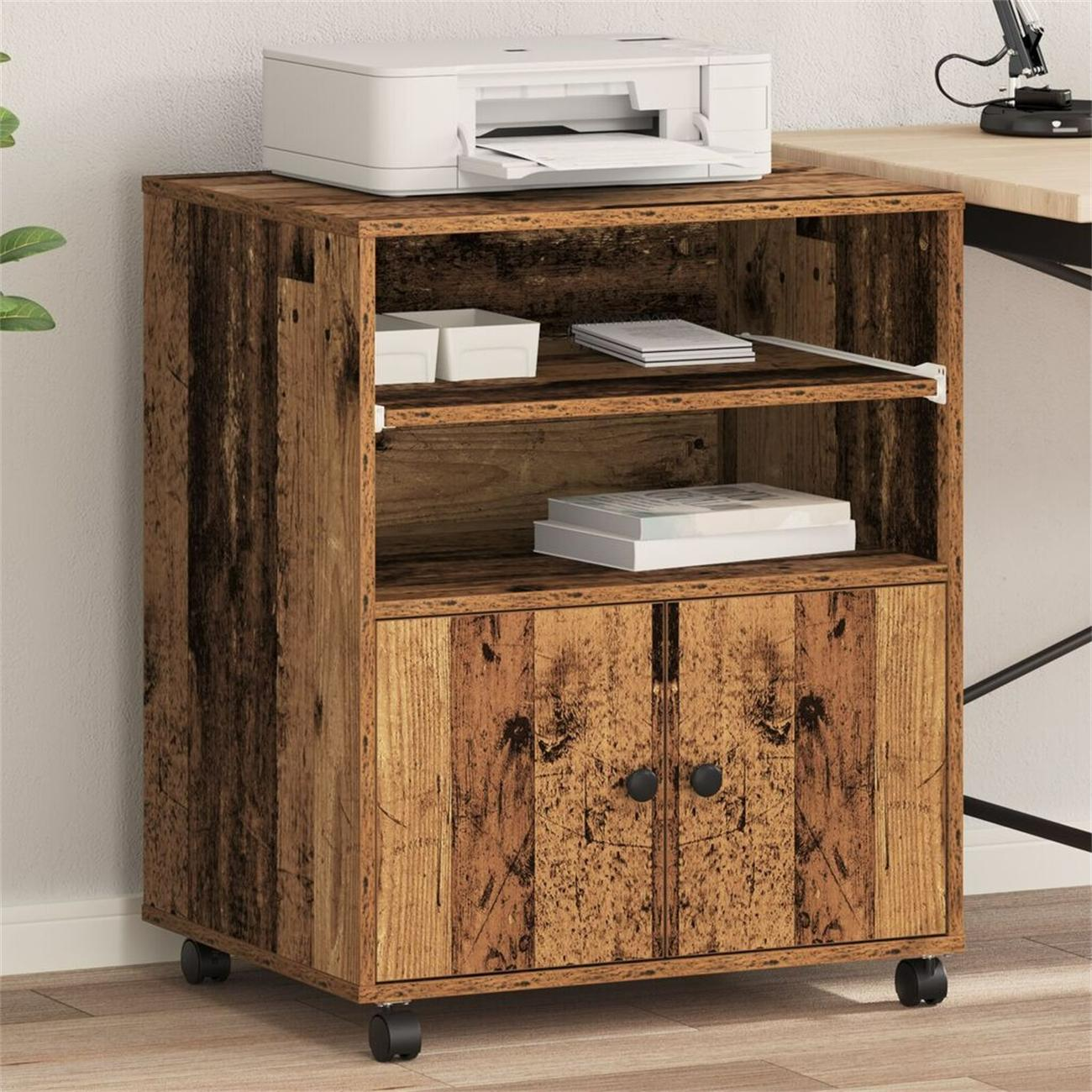 Holzschrank mit Drucker, Regalen und schwarzen Rädern.