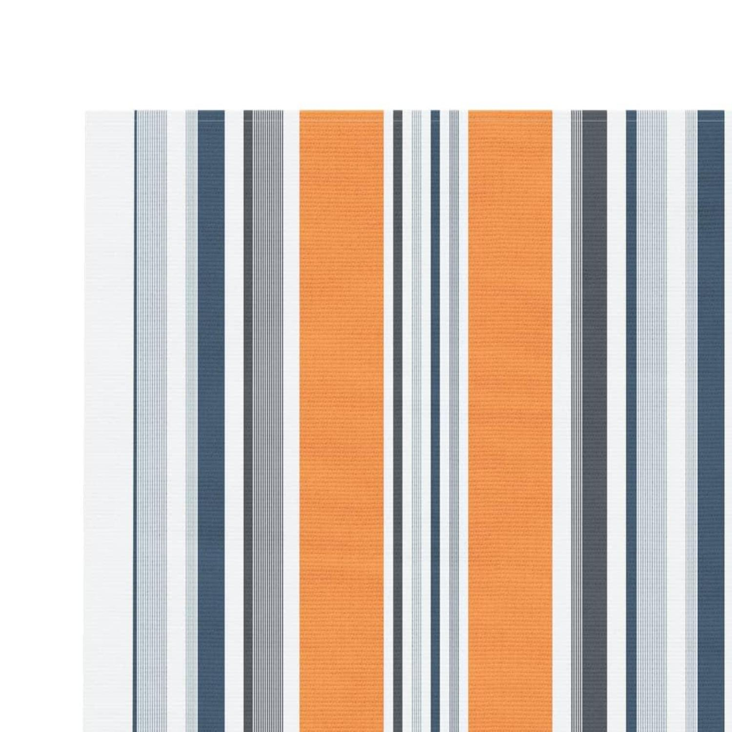 Gestreifter Stoff in Orange, Blau, Grau und Weiß.