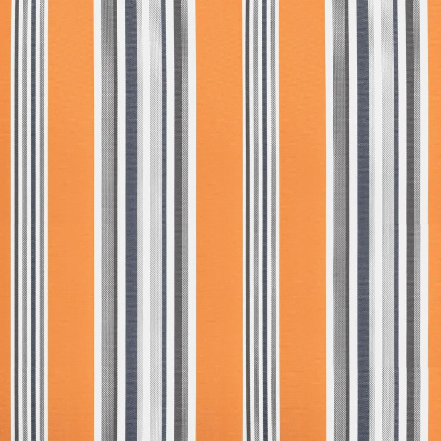 Gestreifter Stoff in Orange, Blau, Grau und Weiß.