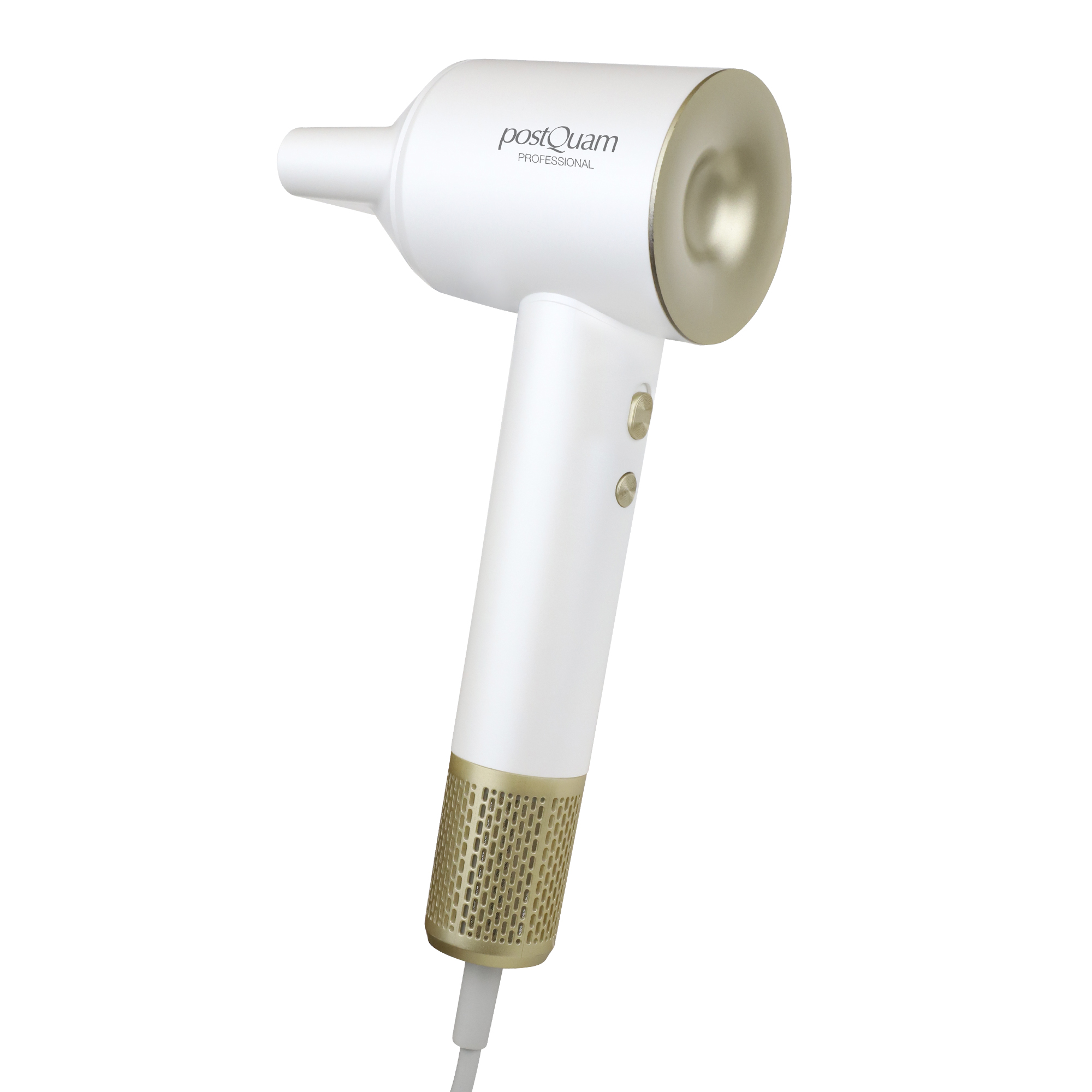 Biała suszarka do włosów ze złotymi akcentami.