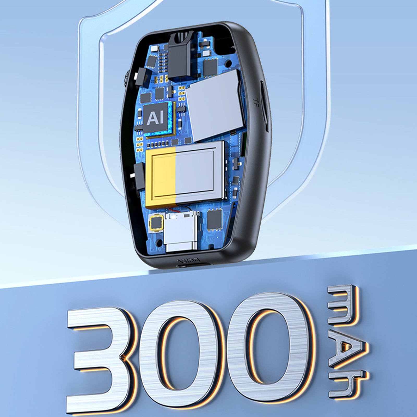 Elektronikbauteile mit 'KI' und '300mAh' Text.