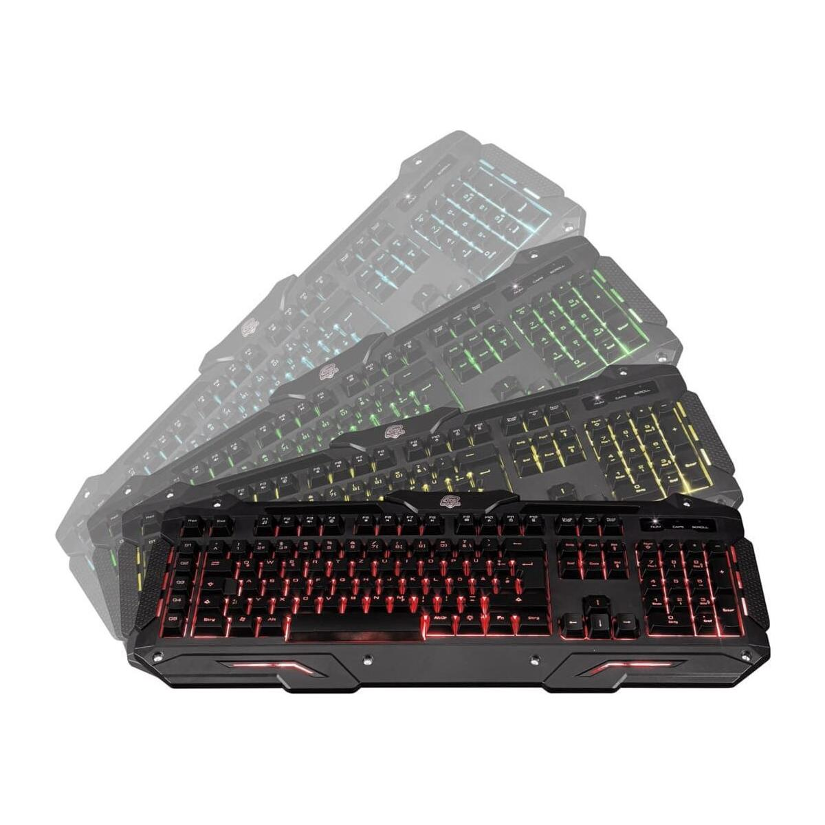 Angesicht eines schwarzen Gaming-Keyboards mit rot und anderen farbig beleuchteten Tasten auf weißem Hintergrund.
