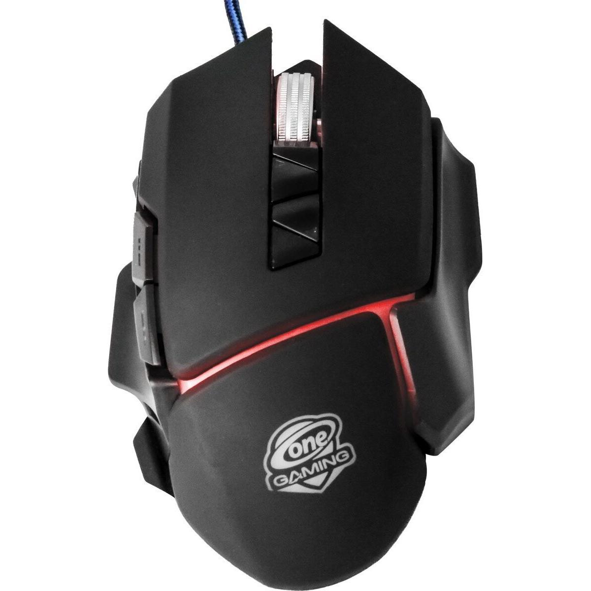 Eine schwarze Gaming-Maus mit roter LED-Beleuchtung und einem Logo.