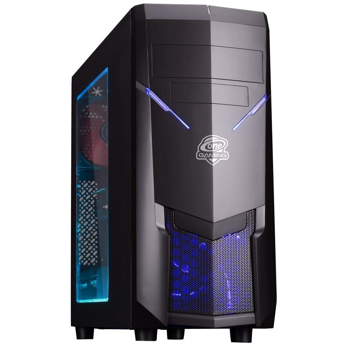 Schwarzes Computergehäuse mit blauer Innenbeleuchtung, One Gaming Logo und transparentem Seitenteil.
