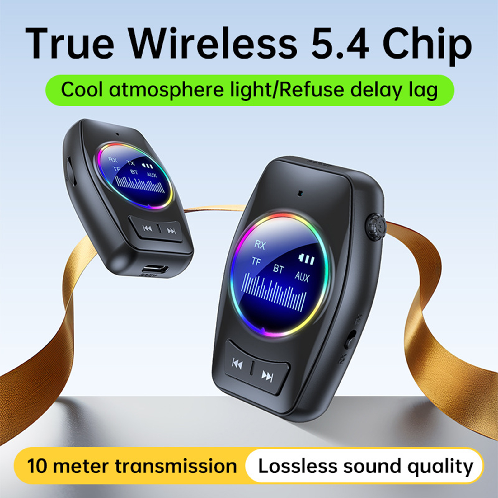 Zwei schwarze Audiogeräte mit Bildschirmen. Text auf den Geräten lautet 'True Wireless 5.4 Chip'.