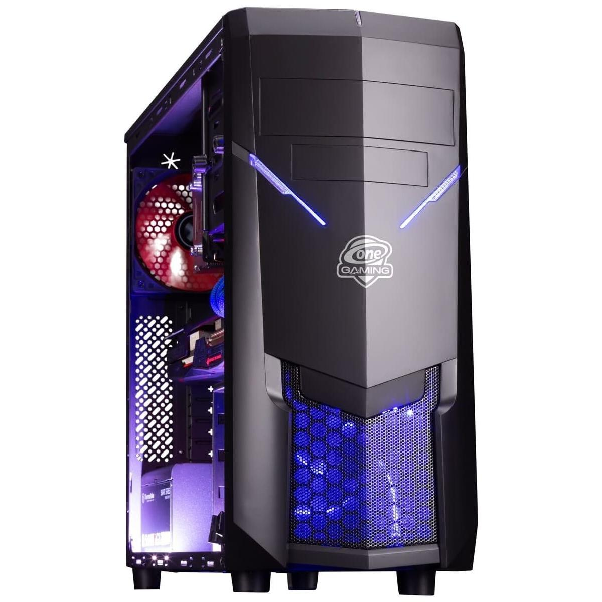 Schwarzes Computergehäuse mit blauer und roter Innenbeleuchtung, One Gaming Logo und transparentem Seitenteil.
