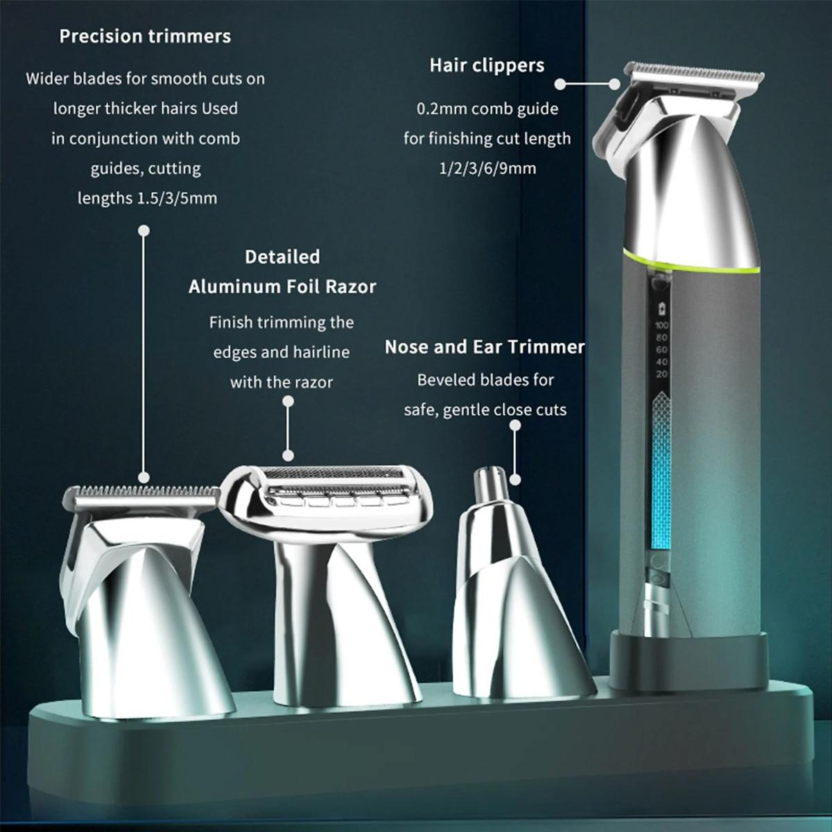 Ein Pflege-Set mit drei Werkzeugen: Präzisionstrimmer, Aluminiumfolienrasierer und Nasen- und Ohrentrimmer.