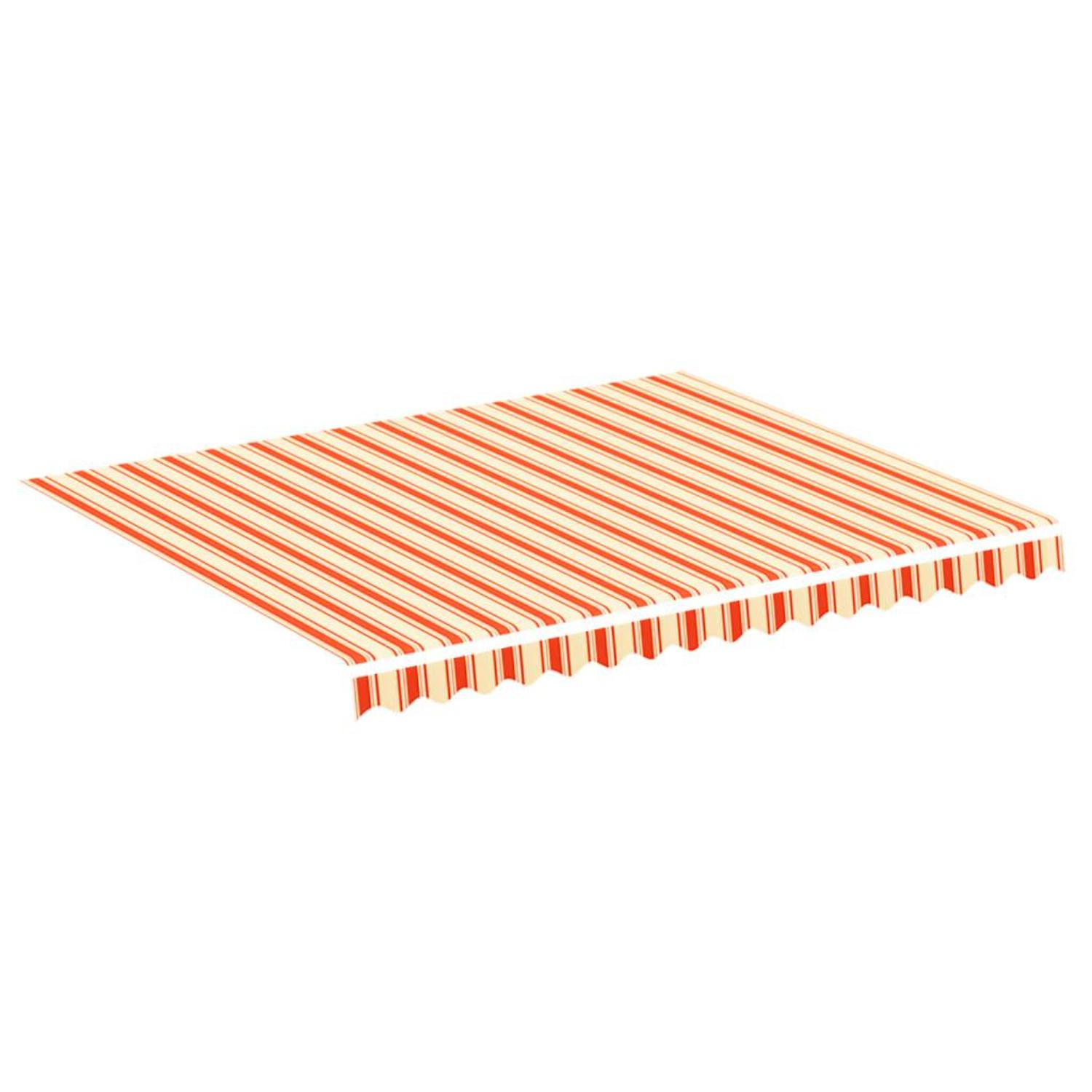 Eine gestreifte Markise, orange und weiß, die sich nach außen erstreckt. Auf weißem Hintergrund.