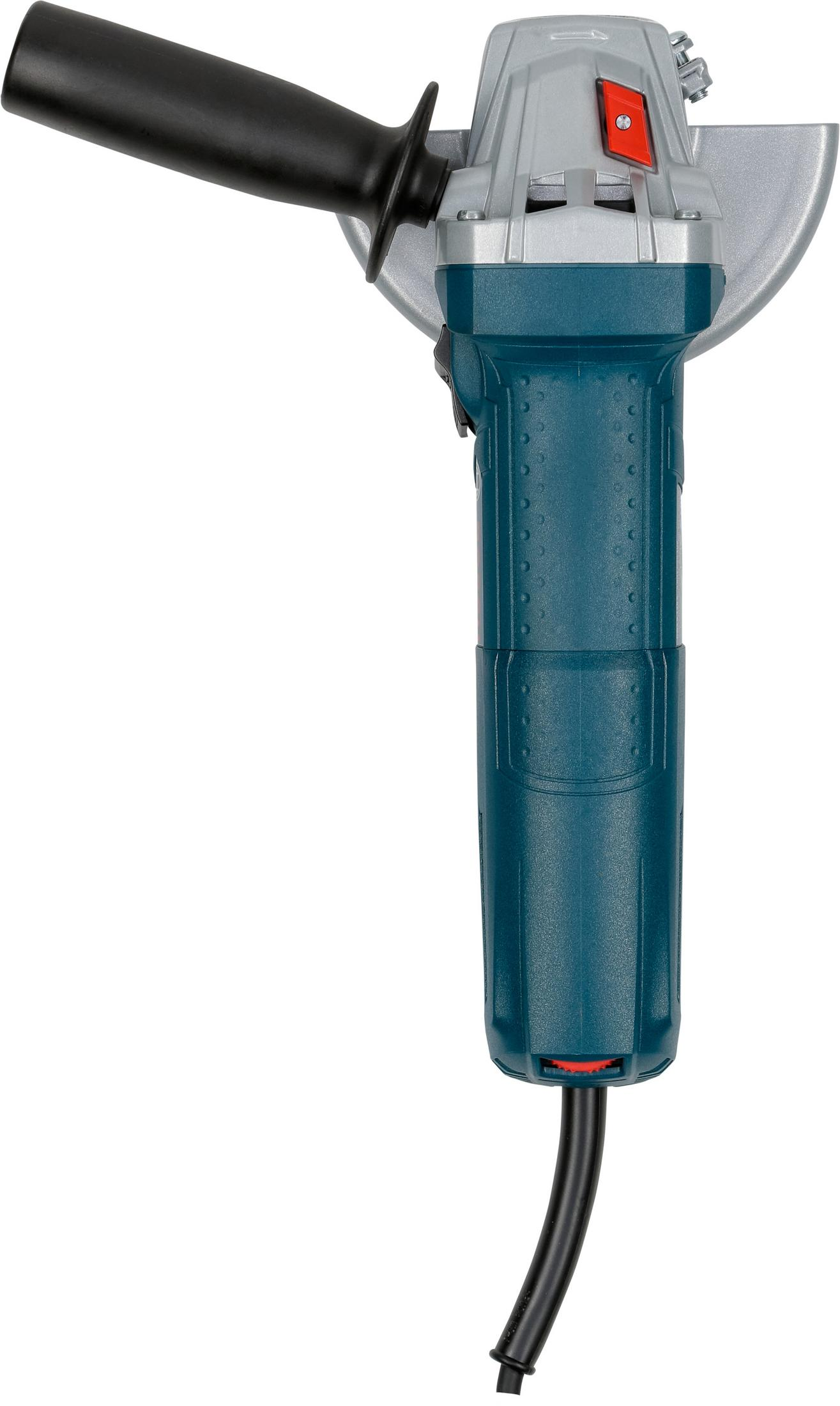 Blauer und silberner Winkelschleifer auf weißem Hintergrund. Hat einen schwarzen Griff und ein Kabel.