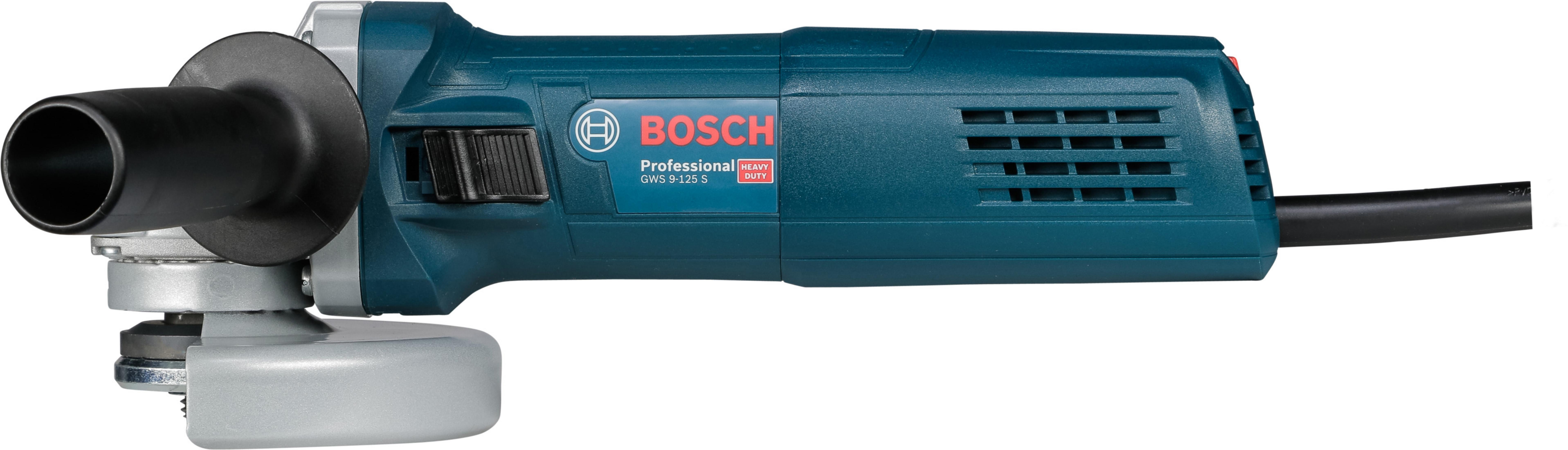 Ein Bosch Winkelschleifer, blaues Gehäuse, schwarzer Griff und Schutz.