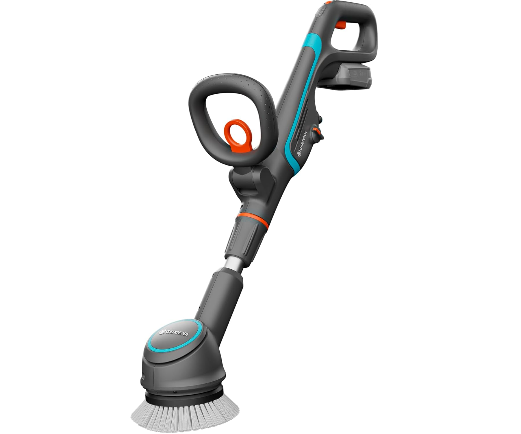 Kabelloses Gartengerät mit grauem Griff und Bürstenkopf. Das Design umfasst einen komfortablen Griff.