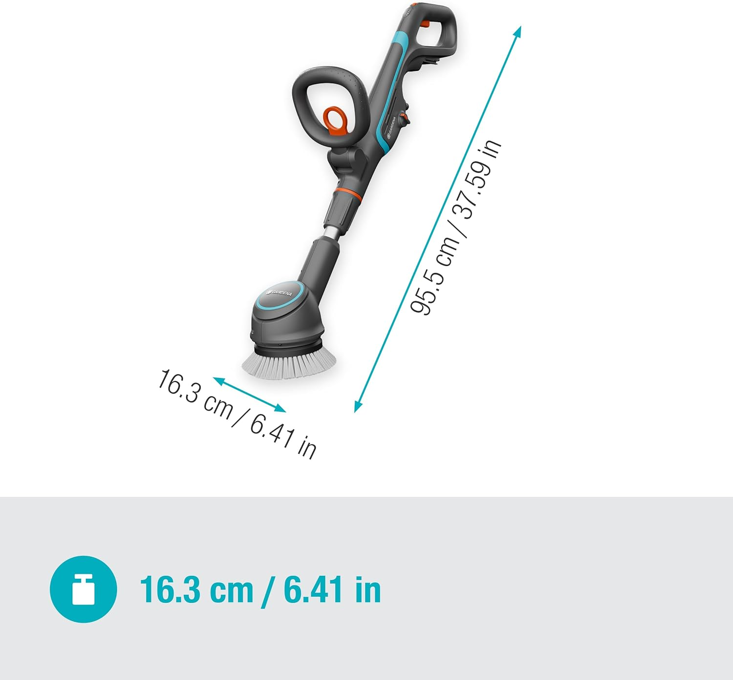 Ein kabelloses Gartengerät, das 95,5 cm lang ist. Der Bürstenkopf ist 16,3 cm breit.