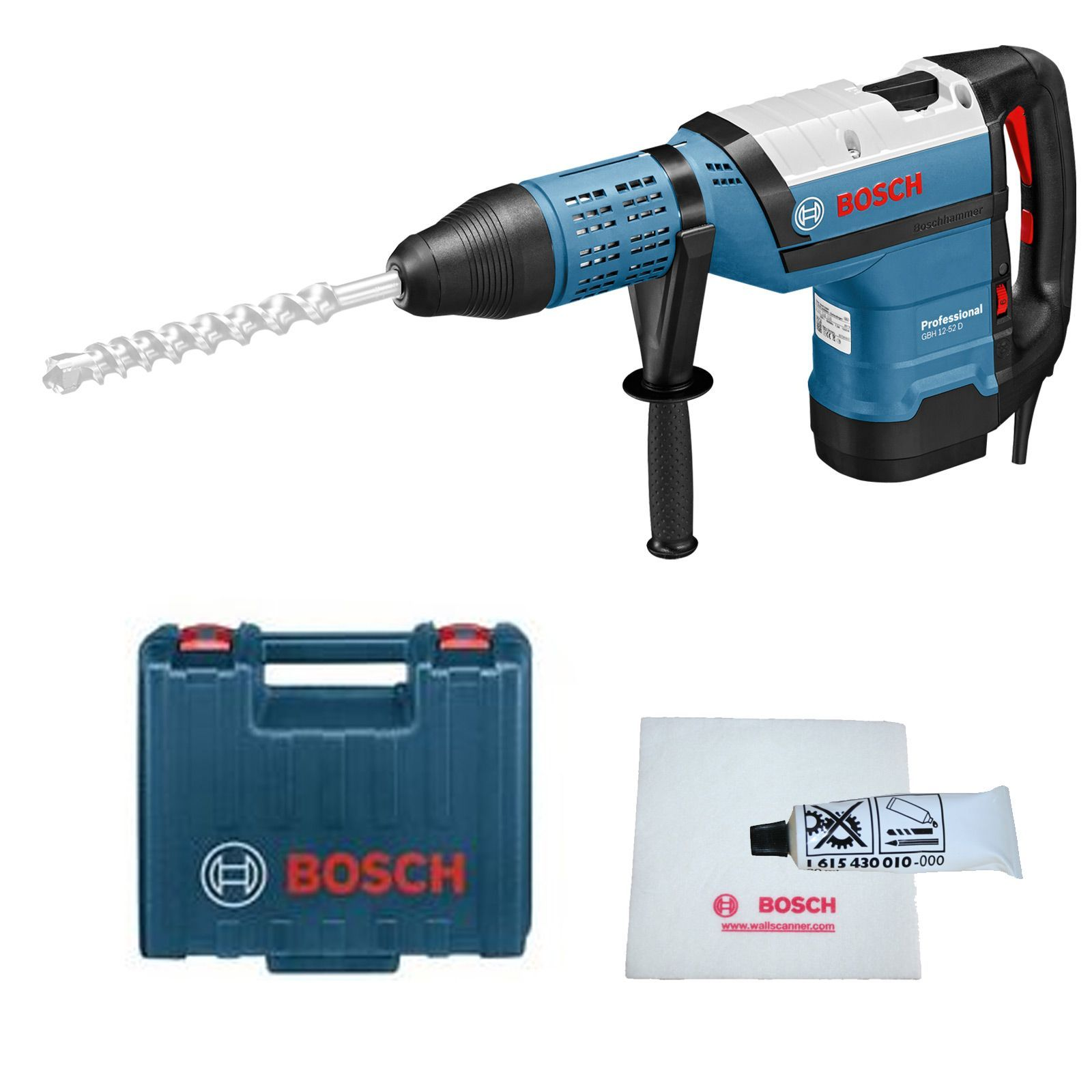 Ein blau-weißer Bosch Bohrhammer mit Bohrer, Koffer und Zubehör.