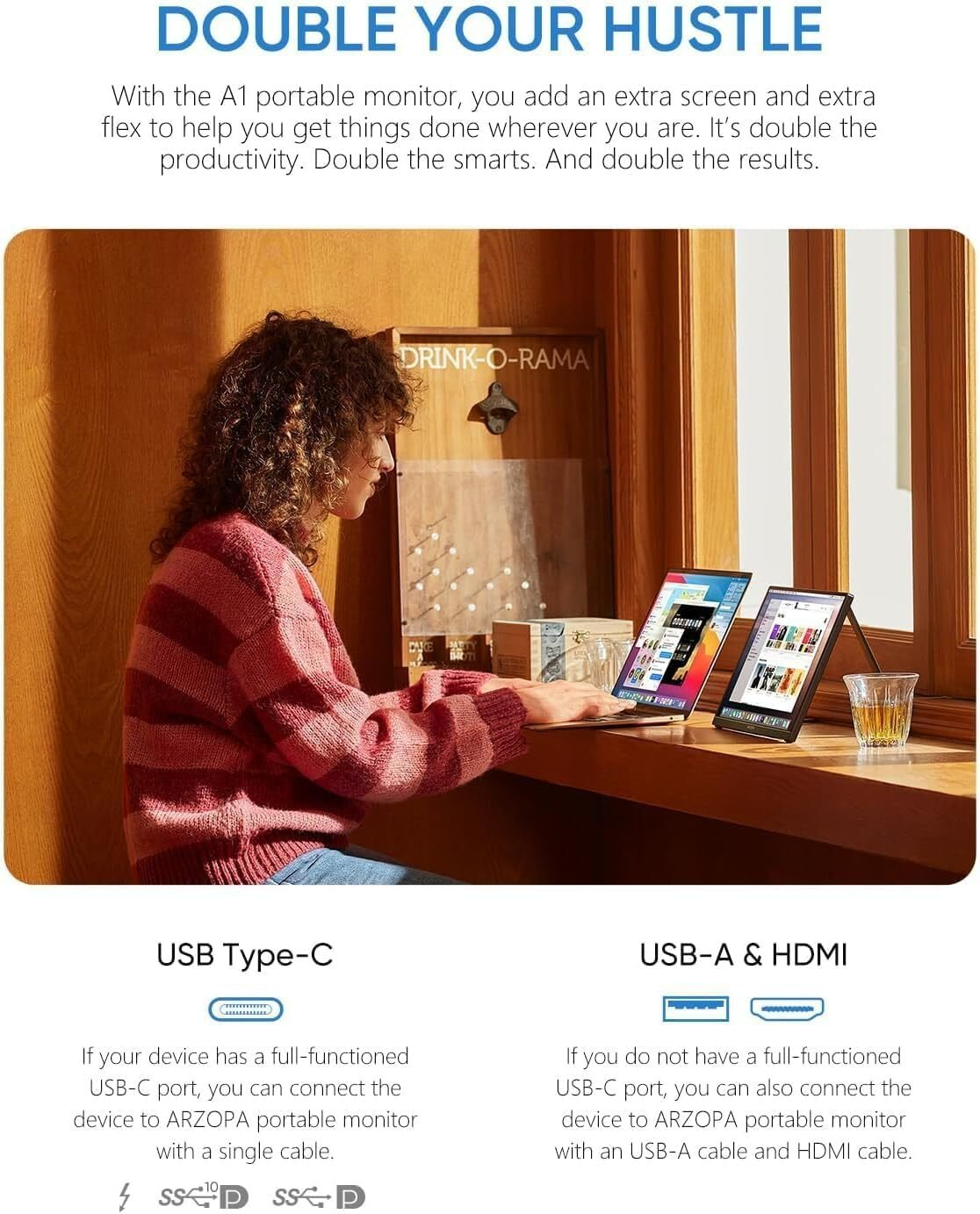 Una mujer en un escritorio con una laptop y pantalla mostrando diferentes contenidos. Texto arriba.