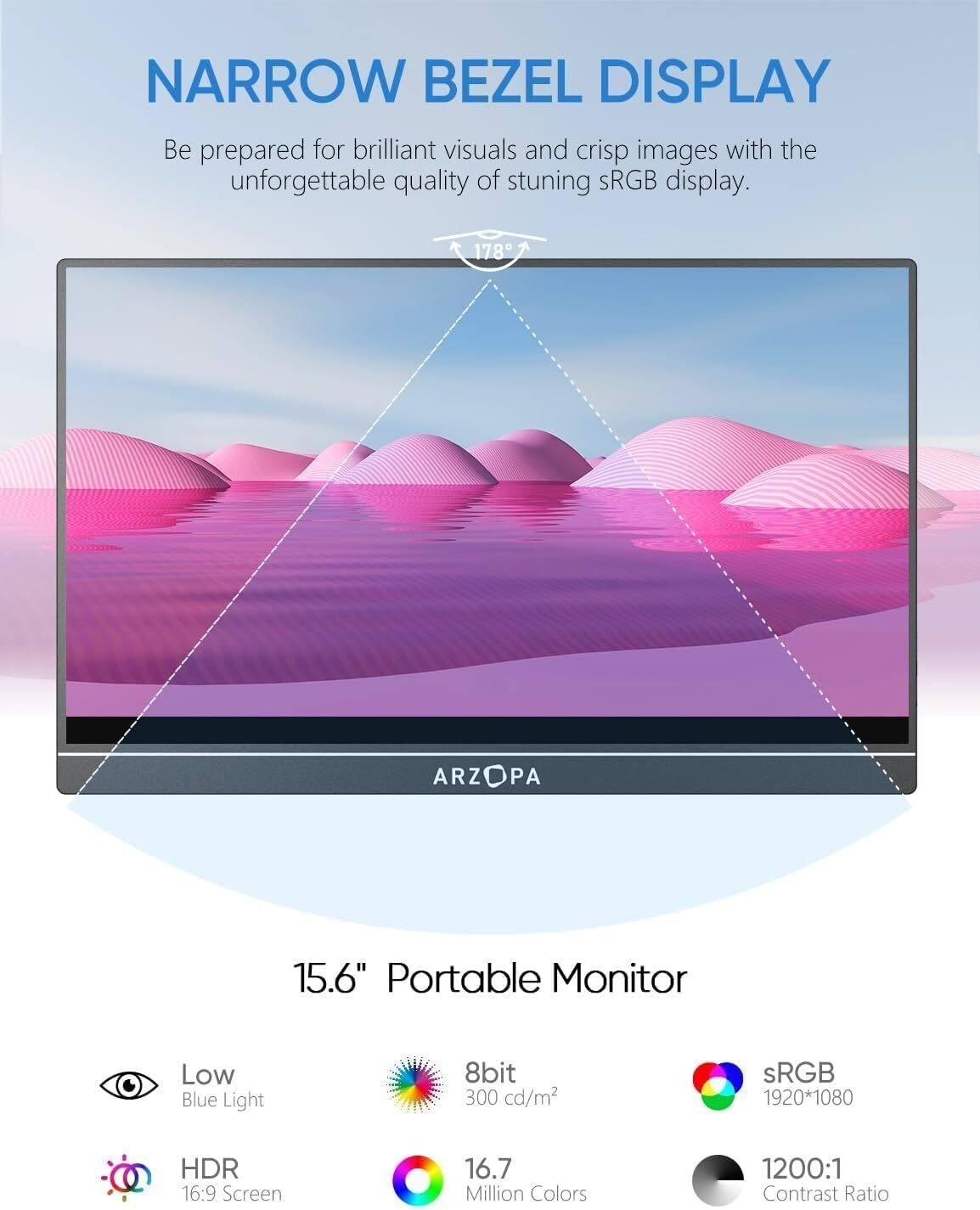 Un monitor muestra un paisaje de agua rosa. El texto dice 'Narrow Bezel Display' y especificaciones del producto.