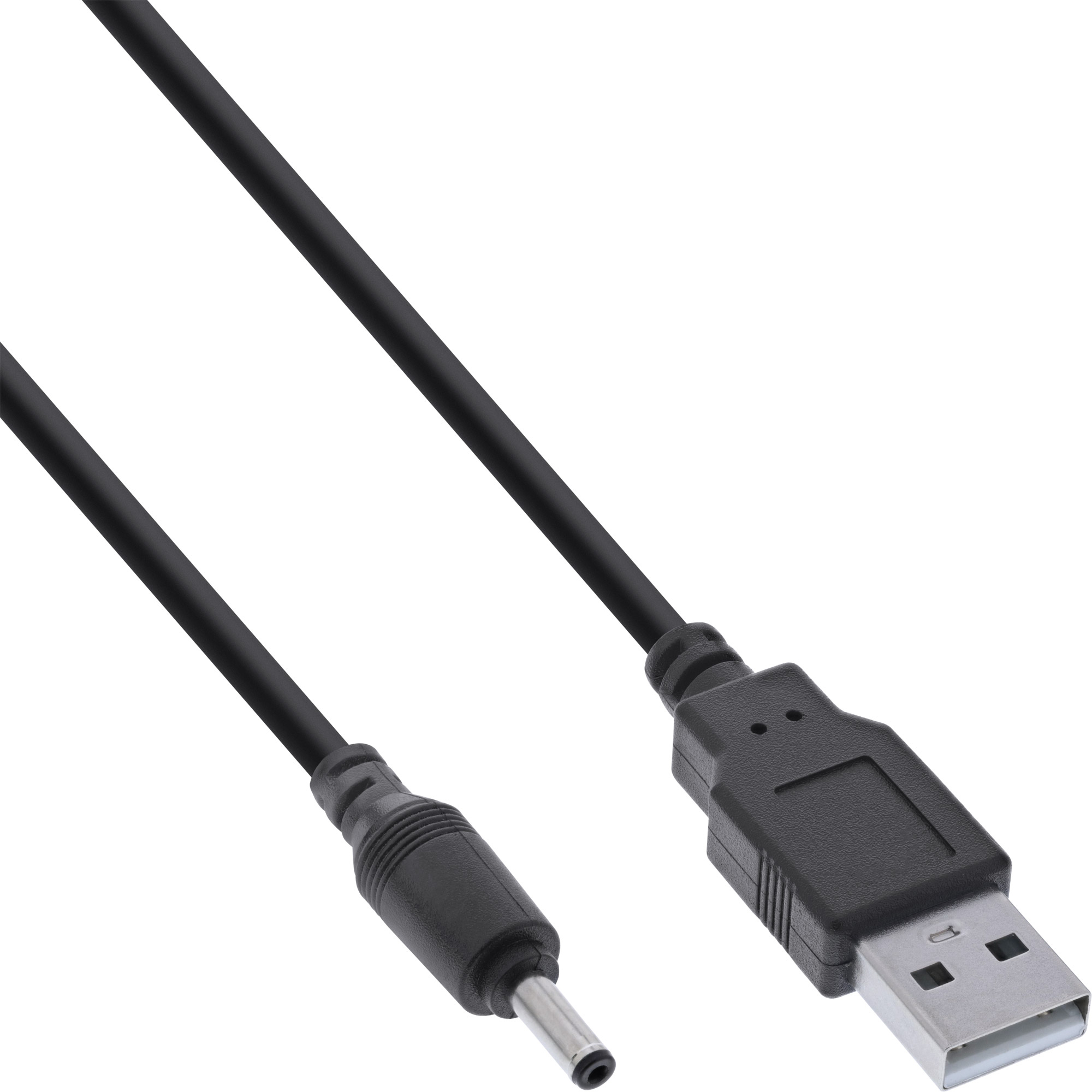 Schwarzes USB-Kabel mit USB- und DC-Anschluss.