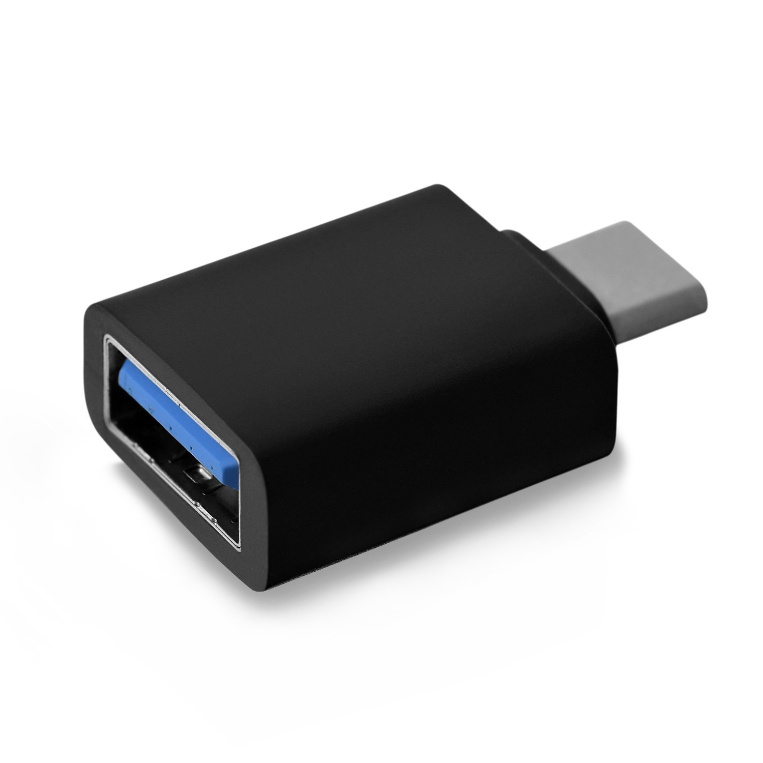 Zwarte USB-C naar USB-adapter met blauwe connector.