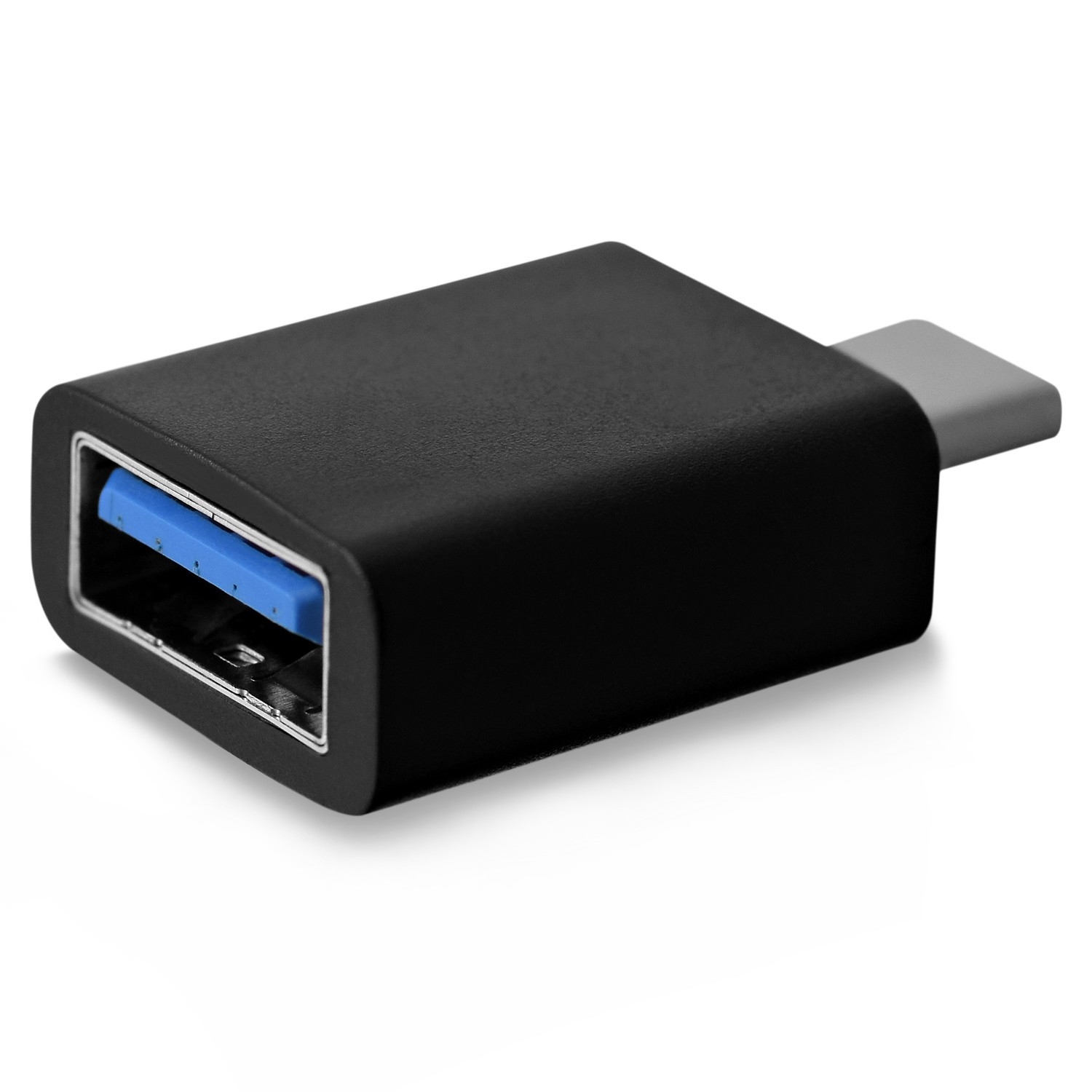 Zwarte USB-A naar USB-C adapter met blauwe connector.