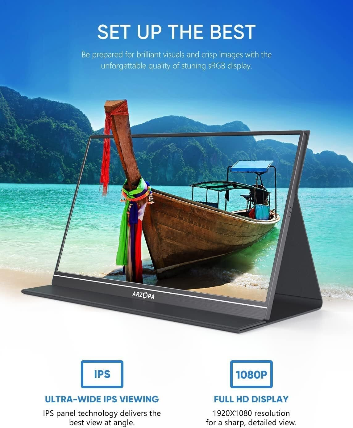 Monitor portátil en un escritorio, mostrando una escena con un barco en el agua. Texto sobre el producto arriba.