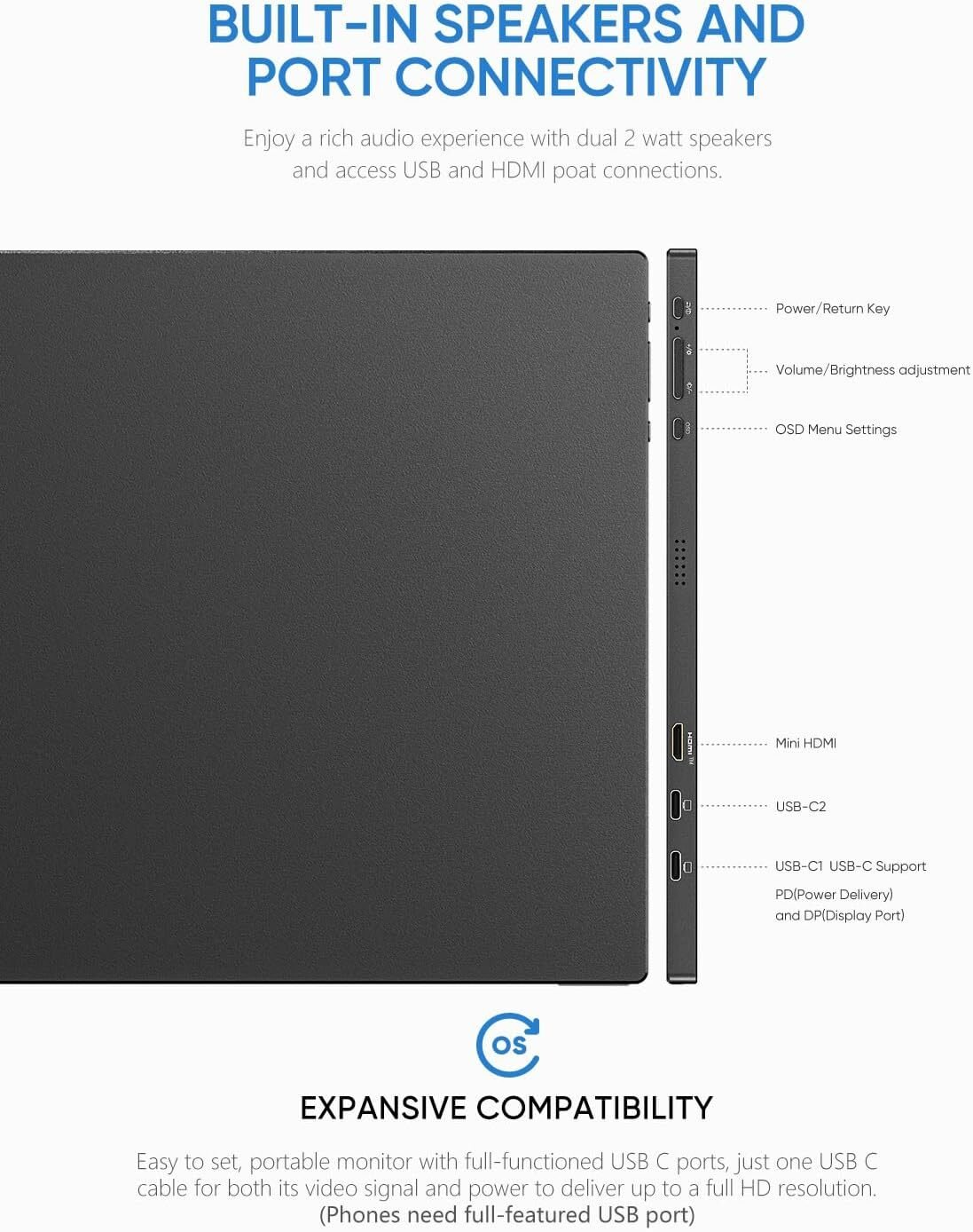 Monitor negro con etiquetas del lado derecho: energía, volumen y opciones de configuración.
