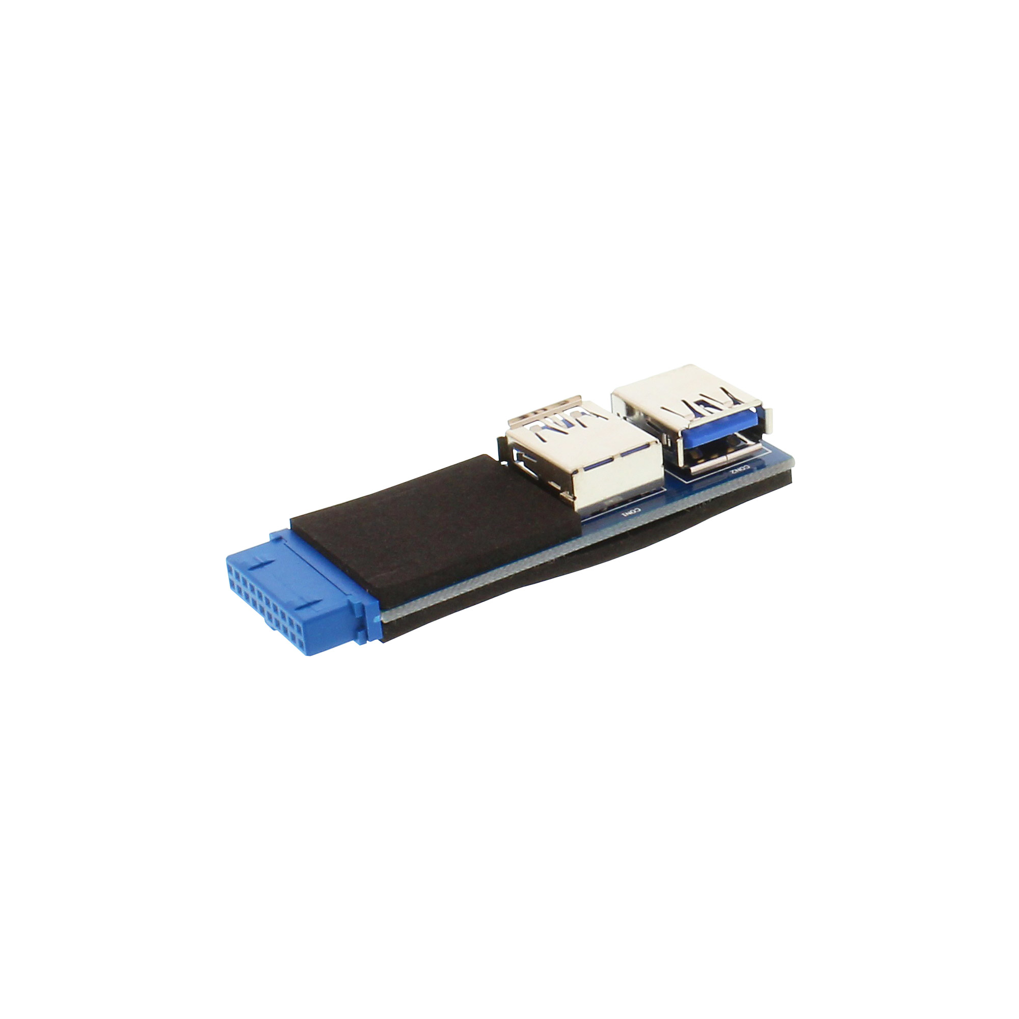 Un adattatore USB con due porte USB e un connettore blu su sfondo bianco.