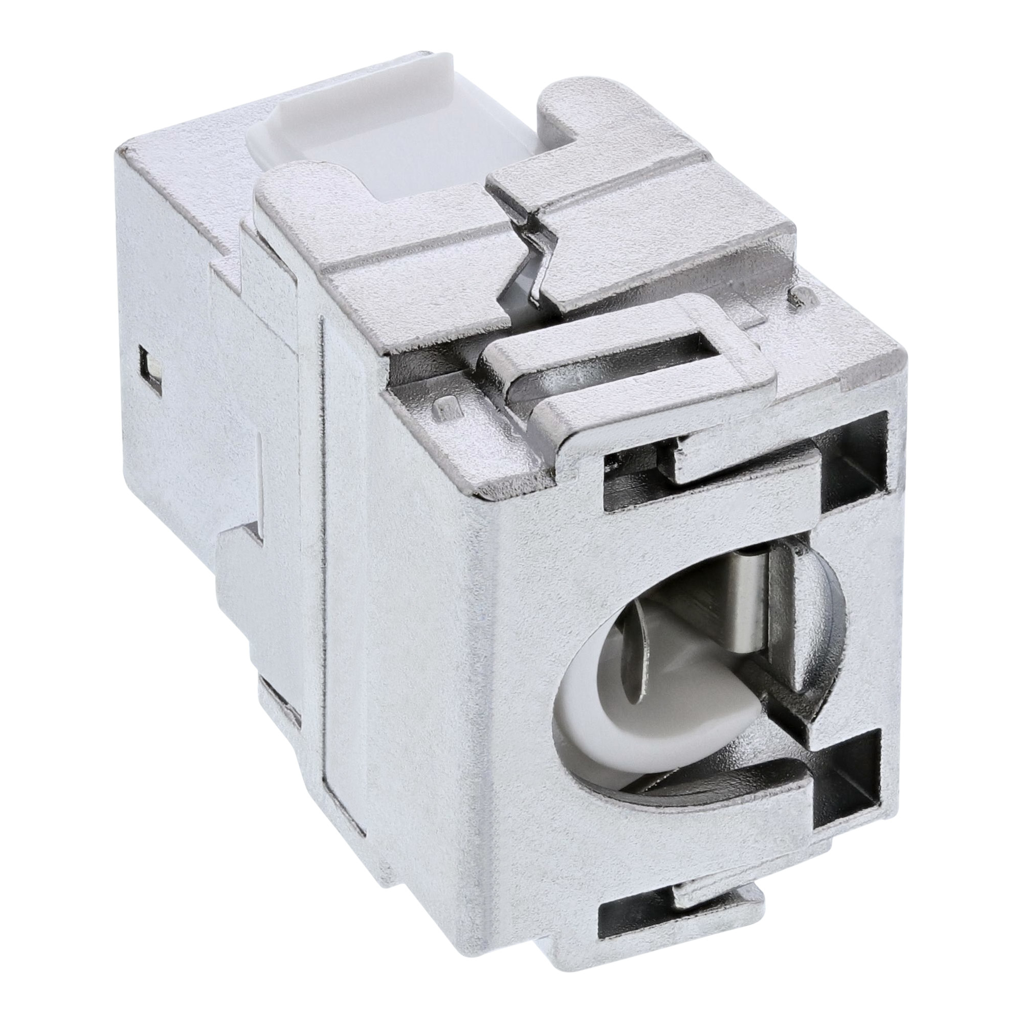 Silberner metallischer RJ45-Stecker für Netzwerkkabel.