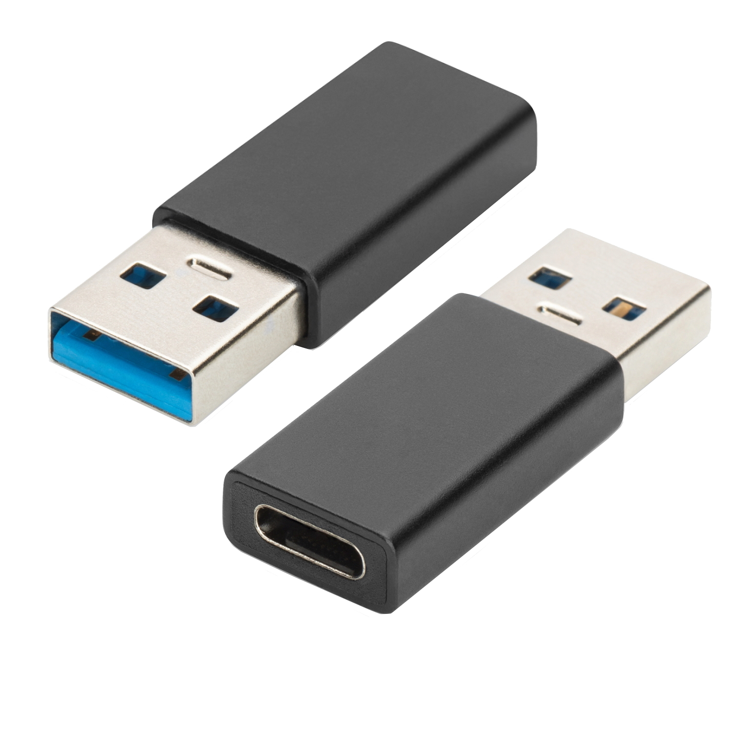 Adattatore nero da USB-C a USB-A. Uno con USB-A, l'altro con USB-C.