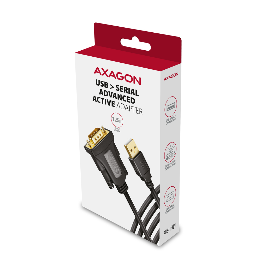 Adattatore Axagon USB <gt/> Seriale Advanced Active in una scatola. Mostra l'adattatore e i connettori con testo.