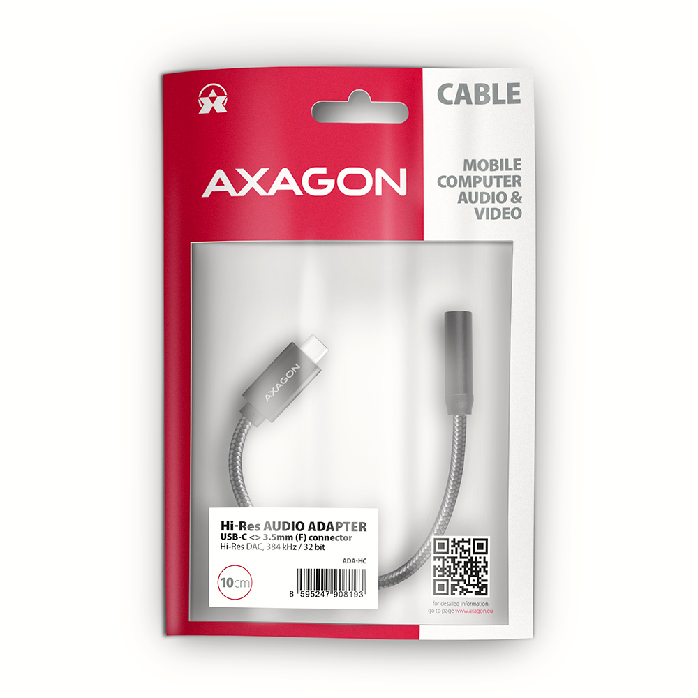 Adapter audio Axagon Hi-Res w przezroczystym plastikowym opakowaniu. Posiada USB-C i port 3,5 mm.