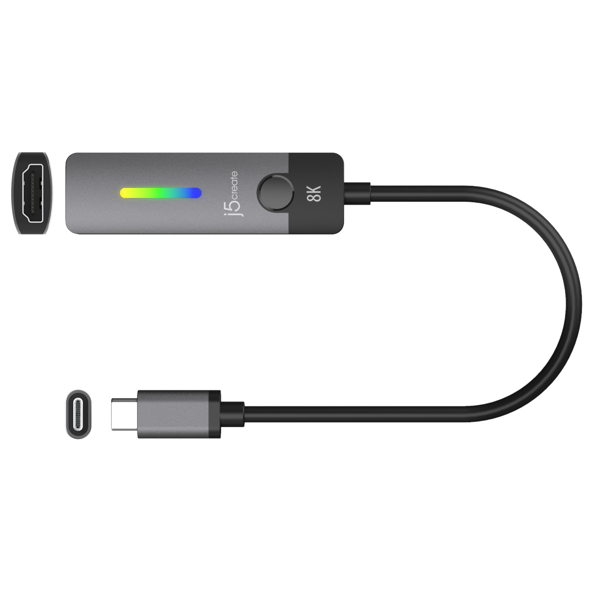 Schwarzer j5create 8K-Adapter mit HDMI- und USB-C-Anschlüssen, Regenbogenlicht und schwarzem Hintergrund.