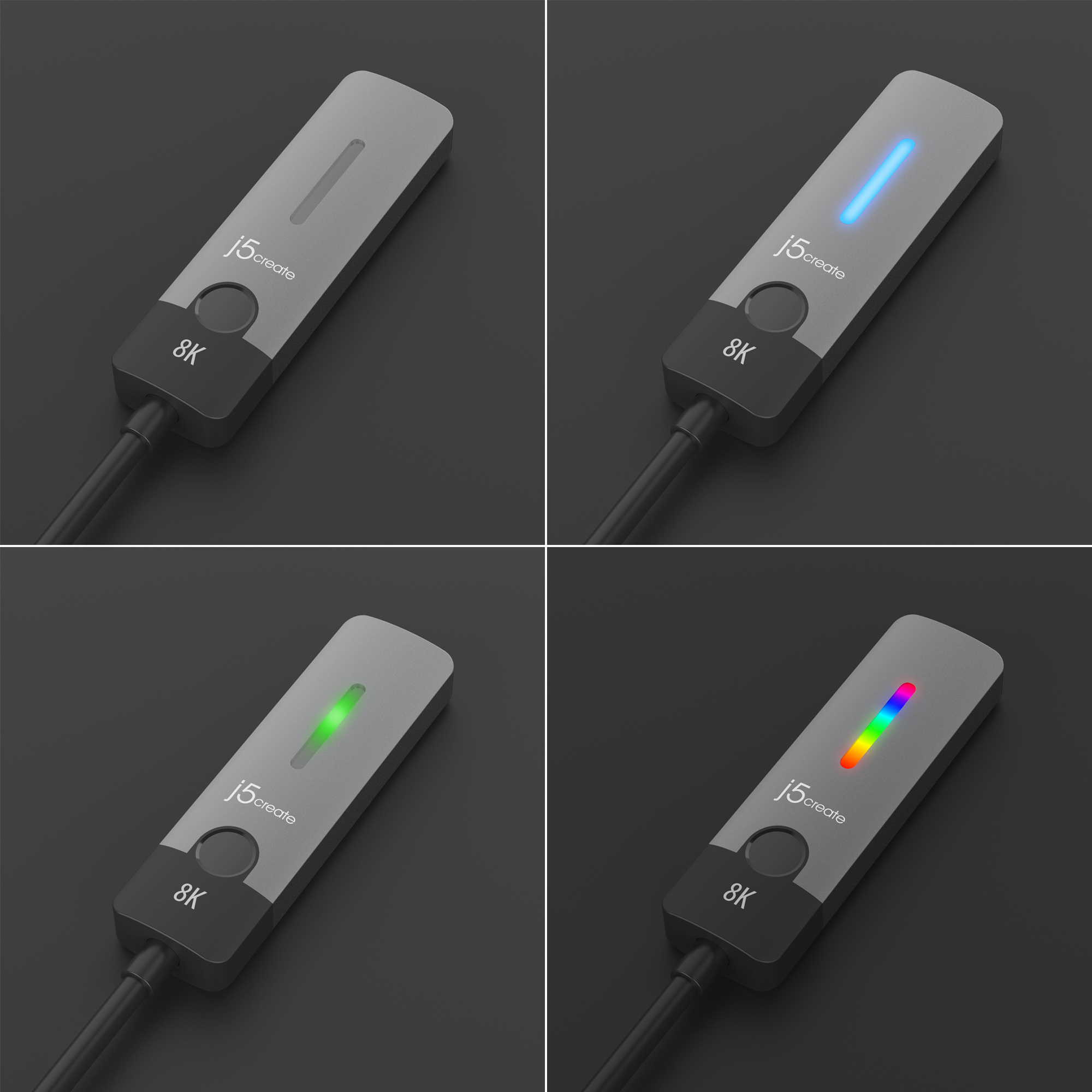 Vier Bilder, die einen Adapter mit verschiedenen LED-Farben zeigen: blau, grün und einen Regenbogeneffekt.