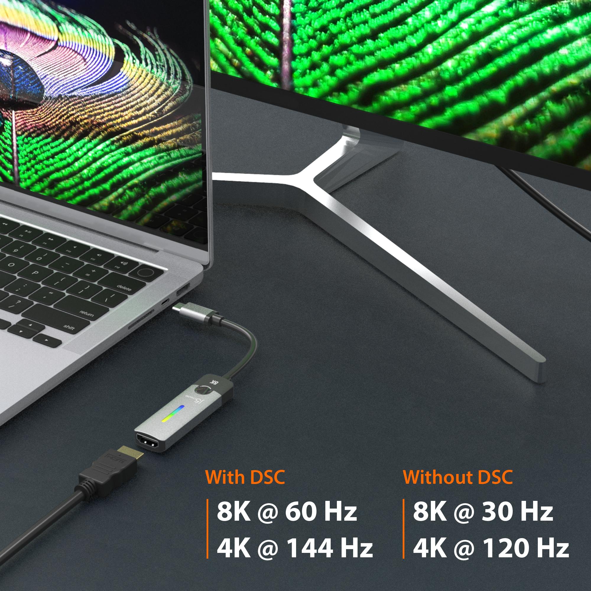 Laptop, der mit einem Monitor verbunden ist und Videospielgrafiken mit 8K- und 4K-Auflösungsoptionen zeigt.