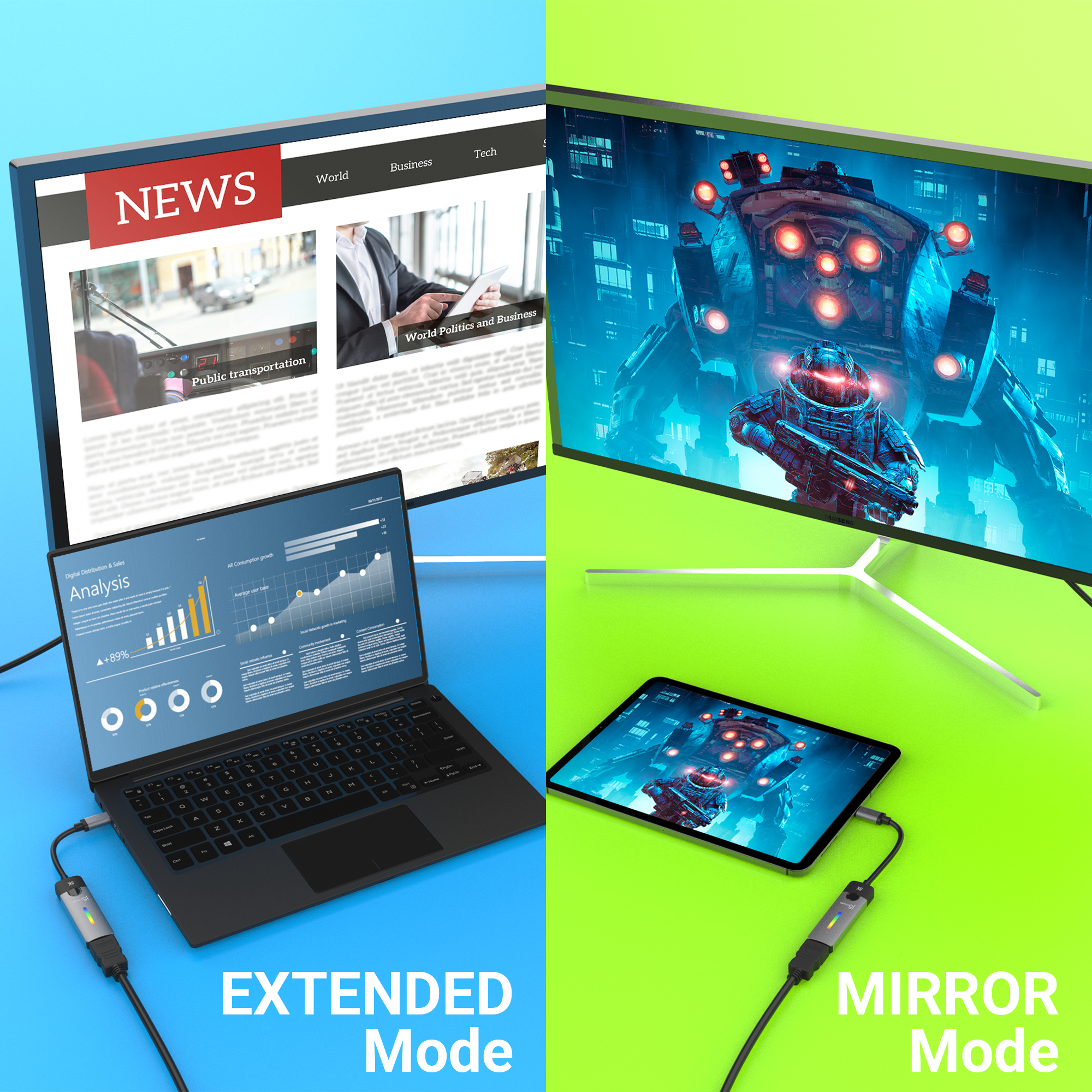 Erweiterter und Spiegelmodus mit Laptop, Tablet und Monitor, die über einen Adapter verbunden sind.