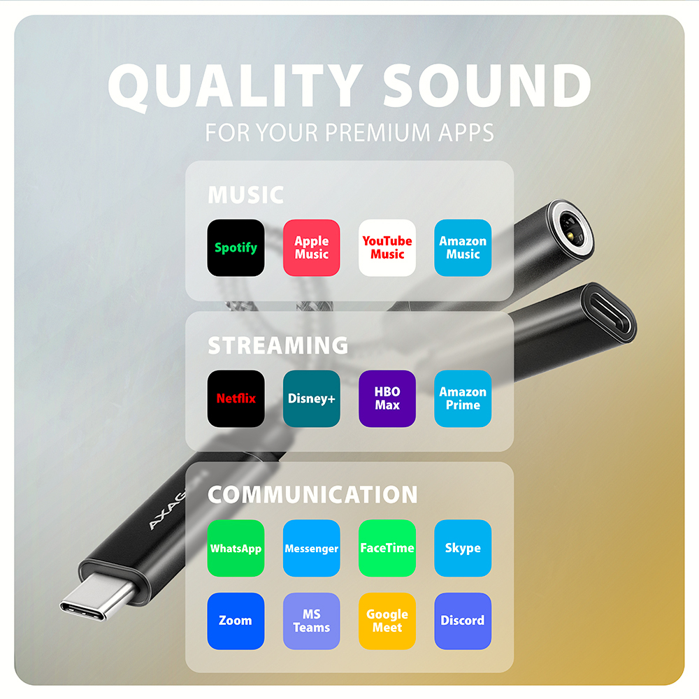 Adaptateur avec icônes d'applications de streaming et de musique, texte "Qualité sonore" et "Pour vos applications premium".
