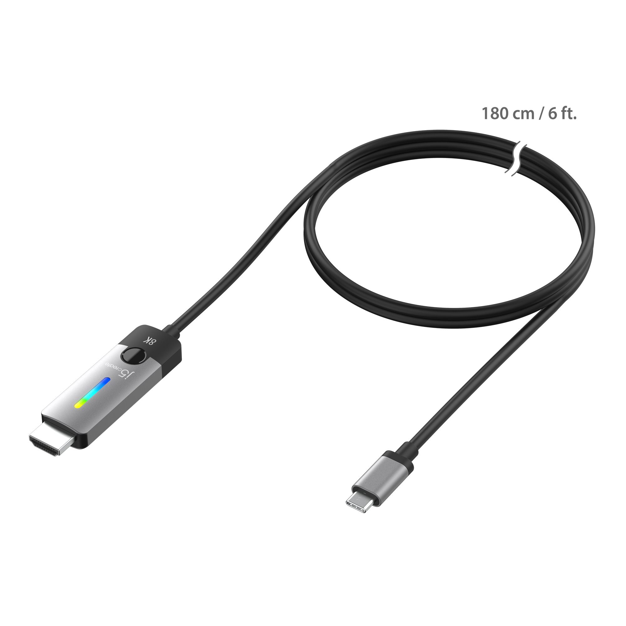 Adaptador con HDMI y USB-C, longitud del cable 180 cm/6 pies, con la marca j5create y etiqueta 8K.